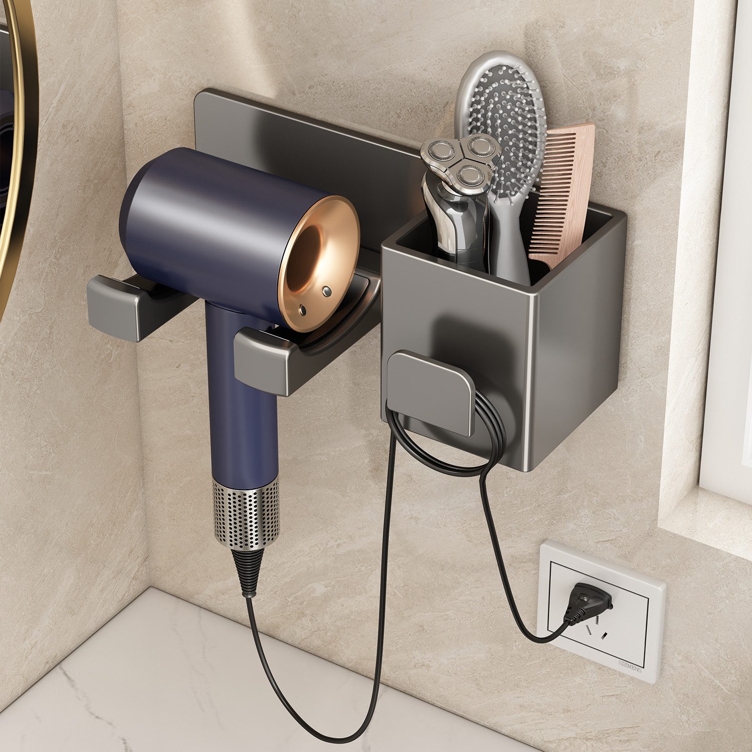 Refined Living Haartrocknerhalter Organizer für Haartrockner, Wandhalterung Haartrockner Halterung, (Haartrocknerhalter, Praktisches Wandregal für Föhn-Badezimmer Aufbewahrung, mit Großem Stauraum Aluminium, Rutschfeste Halterung,Ohne Bohren)