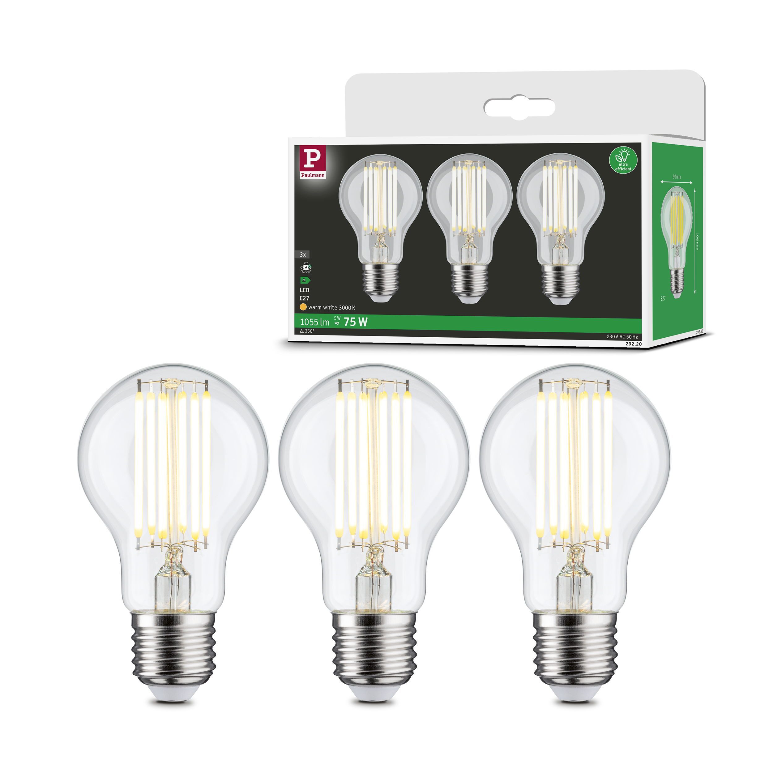 Paulmann LED-Leuchtmittel Eco-Line Filament 230V LED Birne E27 3er-Pack 105 günstig online kaufen