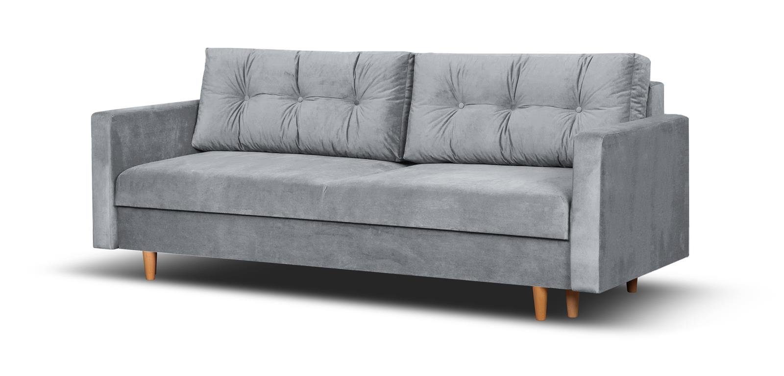 Beautysofa Schlafsofa Sigurd, Couch Wohnzimmer im Sofa Velours, skandinavisches 05) Bettkasten, Schlaffunktion aus und für Grau (paros Stil, mit Polstersofa