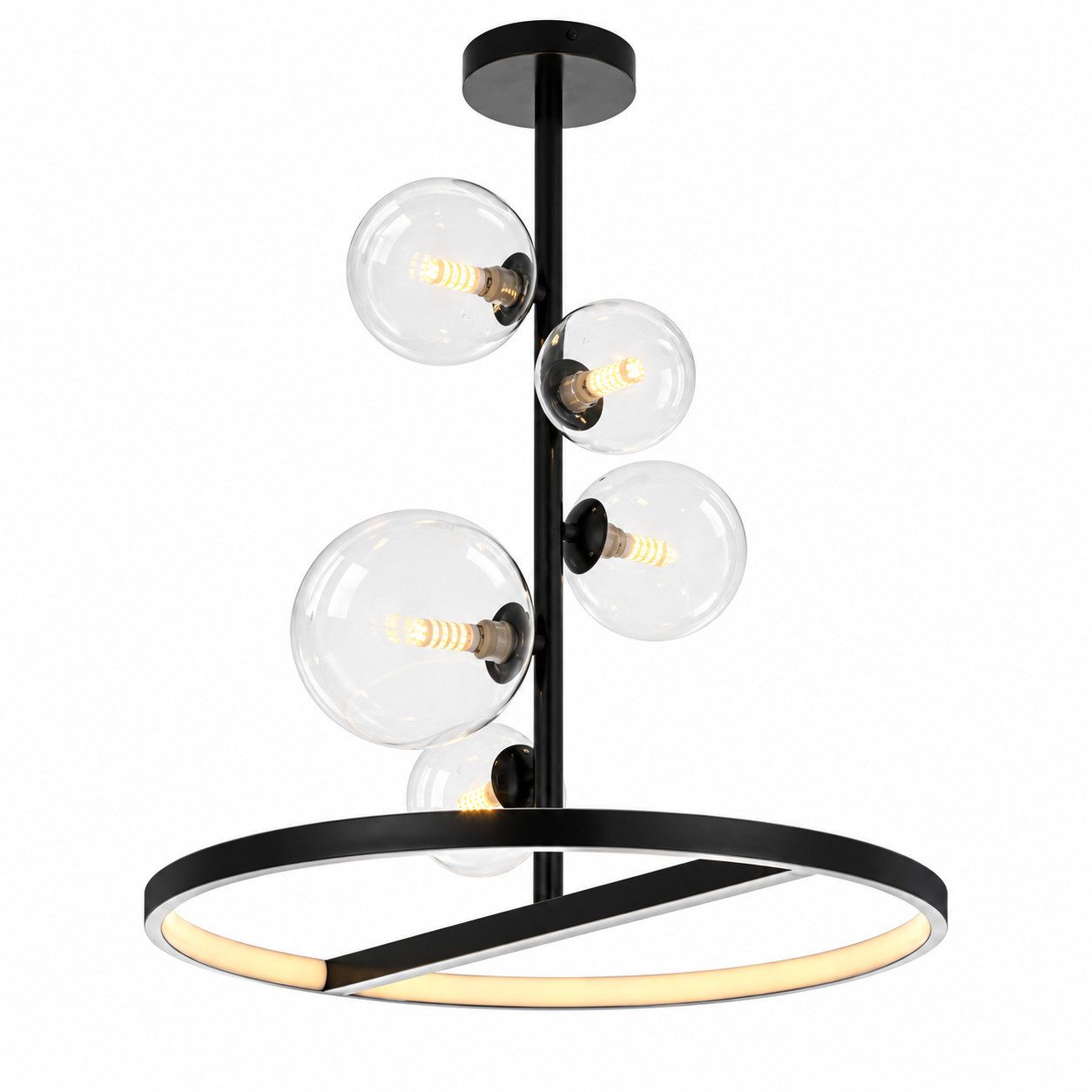 GOLDEN LED Kugelleuchte LED-Deckenleuchte, 5 Glaskugeln und LED-Ring, schwarz, Ø 48 cm
