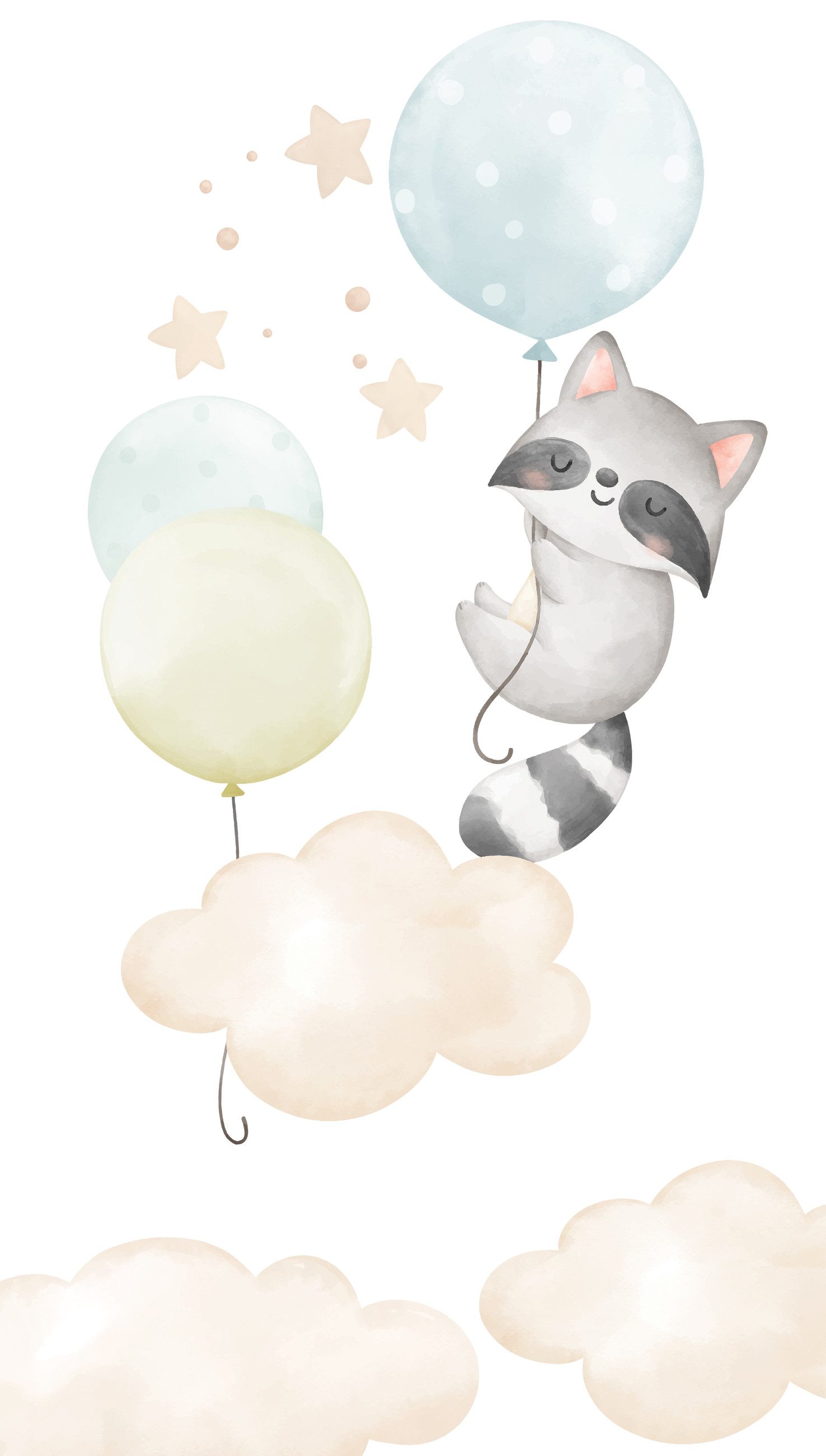 Rasch Fototapete Kinderzimmer mit Wolken, Waschbär und Luftballons in Beige und Blau, strukturiert, gemustert, (1 Rolle, 1 St), Ballons