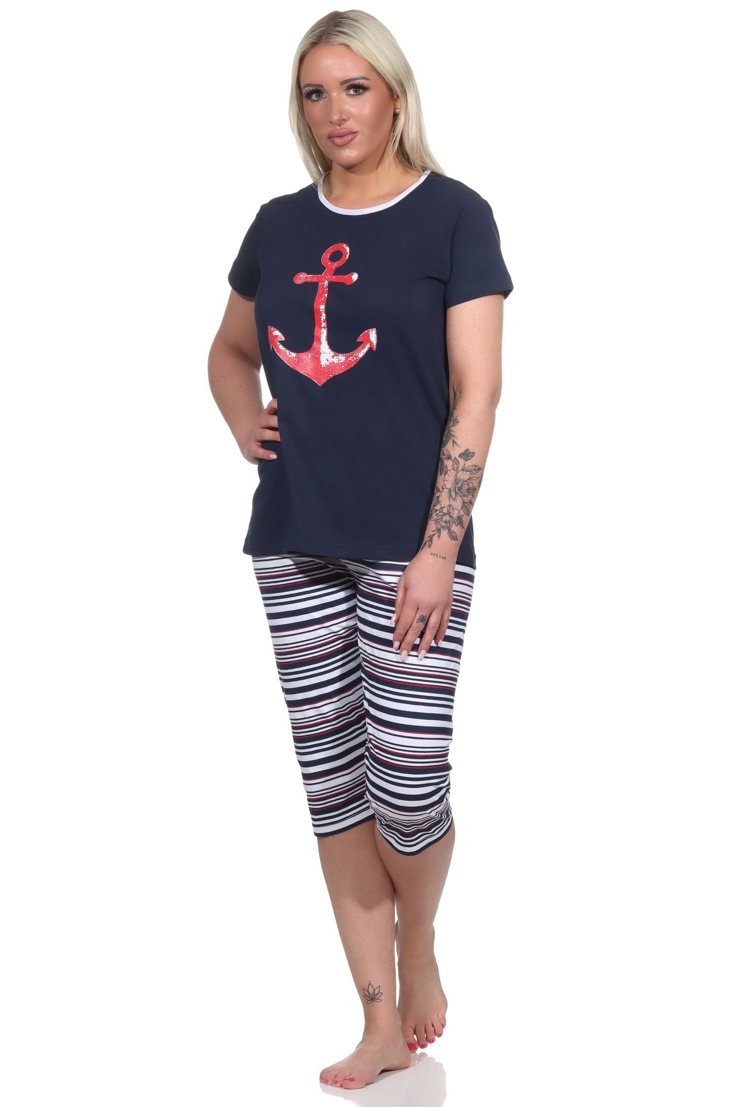 Capri Pyjama Damen mit navy und Anker-Motiv Ringeln Normann kurzarm Pyjama Schlafanzug