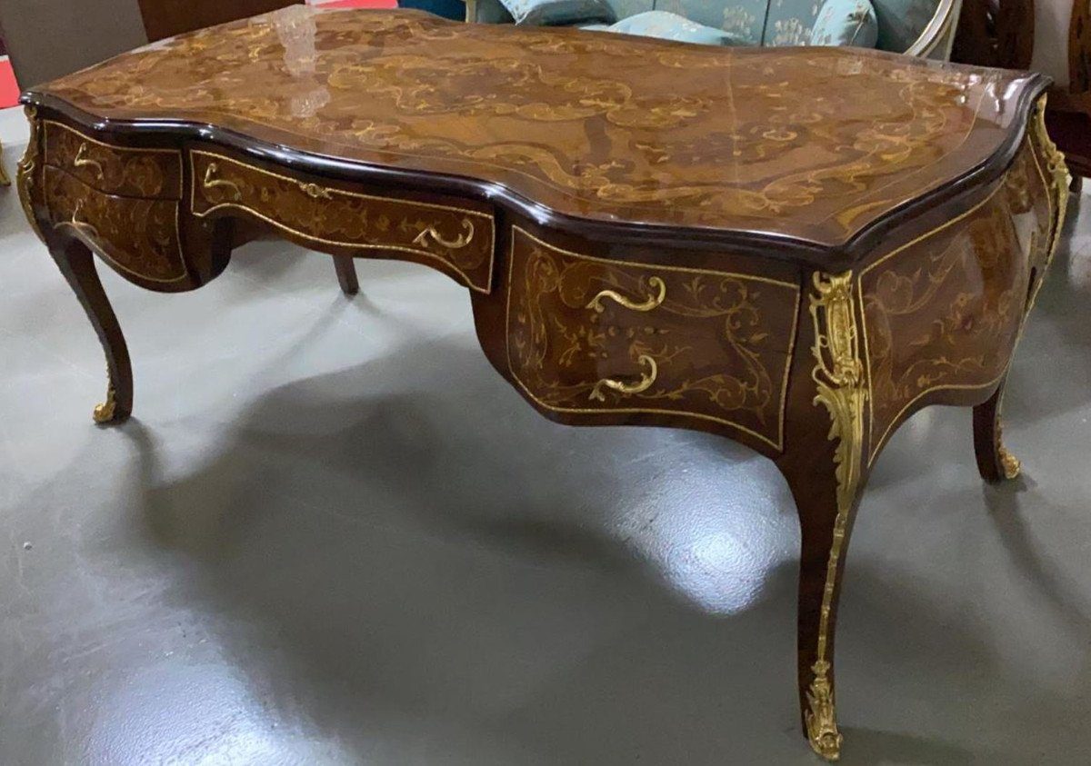 Casa Padrino Schreibtisch Barock Schreibtisch 5 Möbel Intarsien - Handgefertigter mit Büro Mahagoni Gold Antik - Schubladen / Sekretär Stil Barock