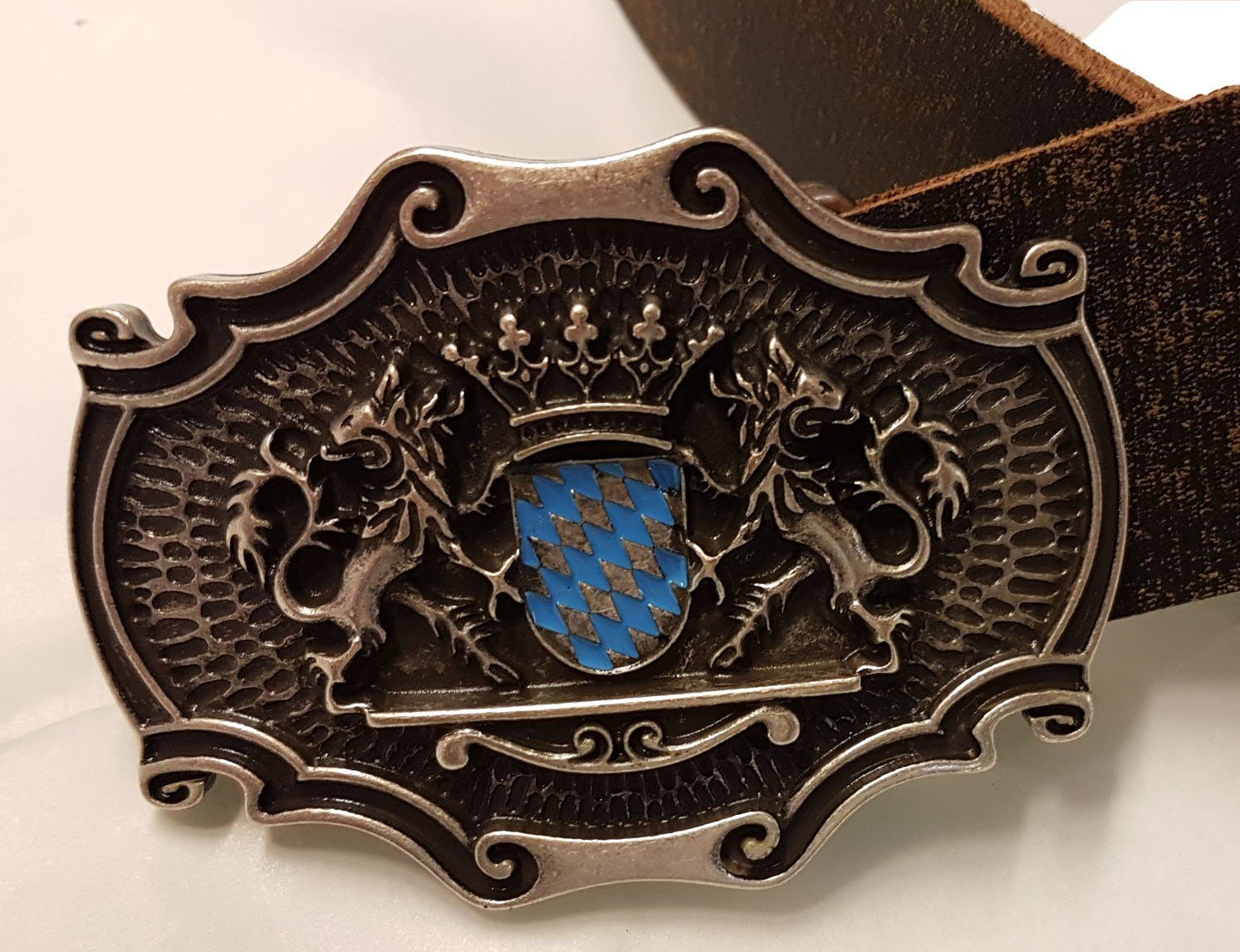 Pezzo D'oro Ledergürtel Trachtengürtel mit blauem und Bayernwappen in antik, Koppelschließe Wappen dunkelbraun Lederfarbe emailliertem mit Löwenmotiv mit Schließe dekorativer