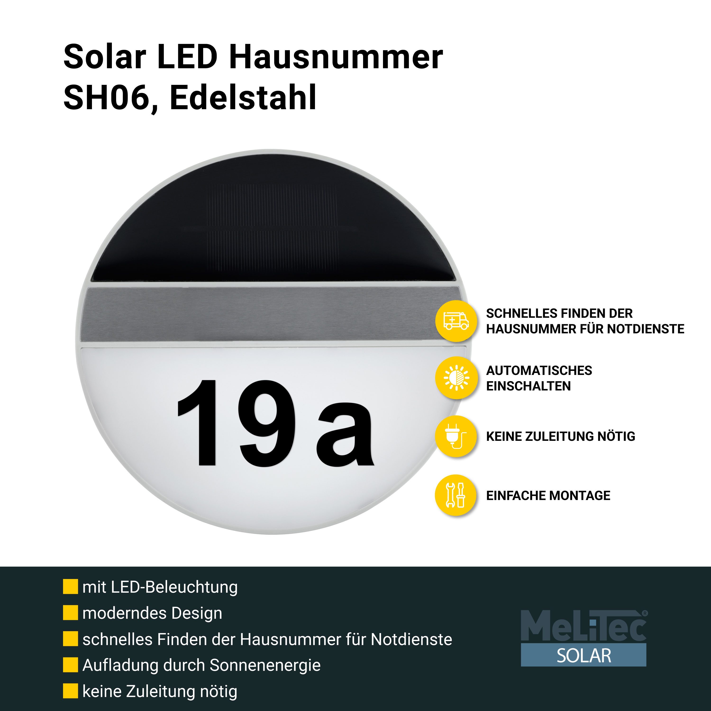 MeLiTec LED Außen-Wandleuchte Solar-Hausnummer mit Nummernset, Solar, LED fest integriert, Tageslichtweiß, Hausnummer mit Beleuchtung und Dämmerungssensor, SH01 SH06 SH07 SH08