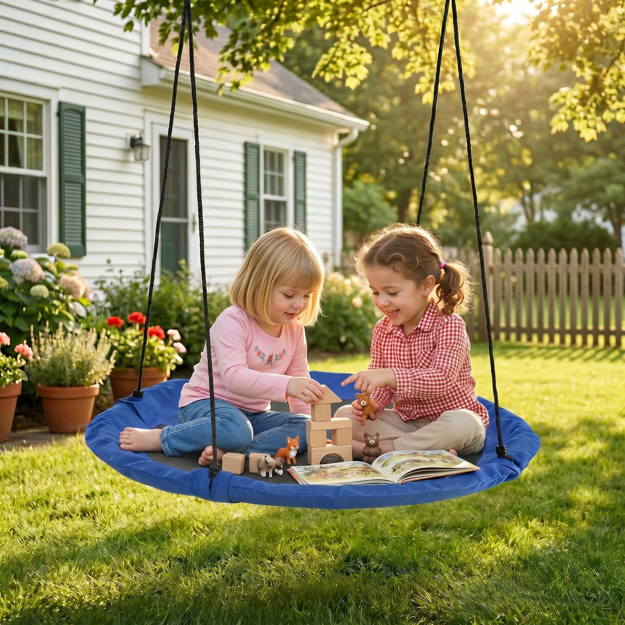 Outsunny Einzelschaukel Nestschaukel Höhenverstellbar Hängeschaukel Ø 110 cm bis 100kg, (Tellerschaukel, 1-tlg., Kinderschaukel), für 3-12 Jahre Kinder, Blau