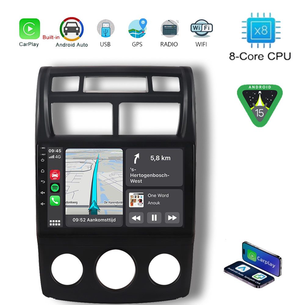A-Sure 4+64GB Android 15 CarPlay DSP Navi BT Für Kia Sportage JE KM 2004-2009 Autoradio (Digitalradio (DAB), FM, AM, 1280*800 IPS Screen/8-Core CPU)