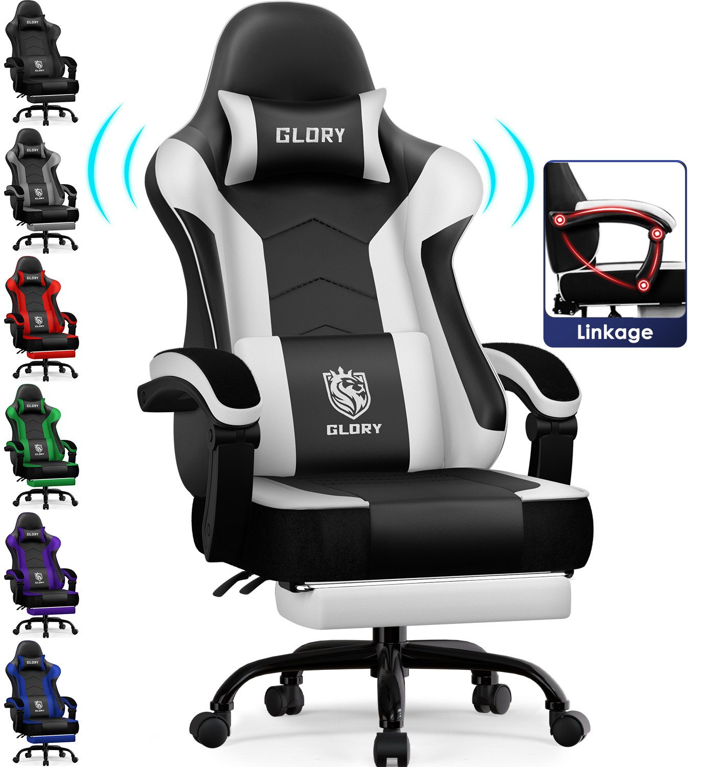Hiazurm Gaming-Stuhl Gaming Stuhl, Bürostuhl Ergonomisch Wippfunktion bis zu 170° (Gaming Chair mit Fußstütze, 10 cm Höhenverstellung), Verstellbarem Lenden- & Kopfkissen, Gamer Stuhl 150kg Belastbarkeit