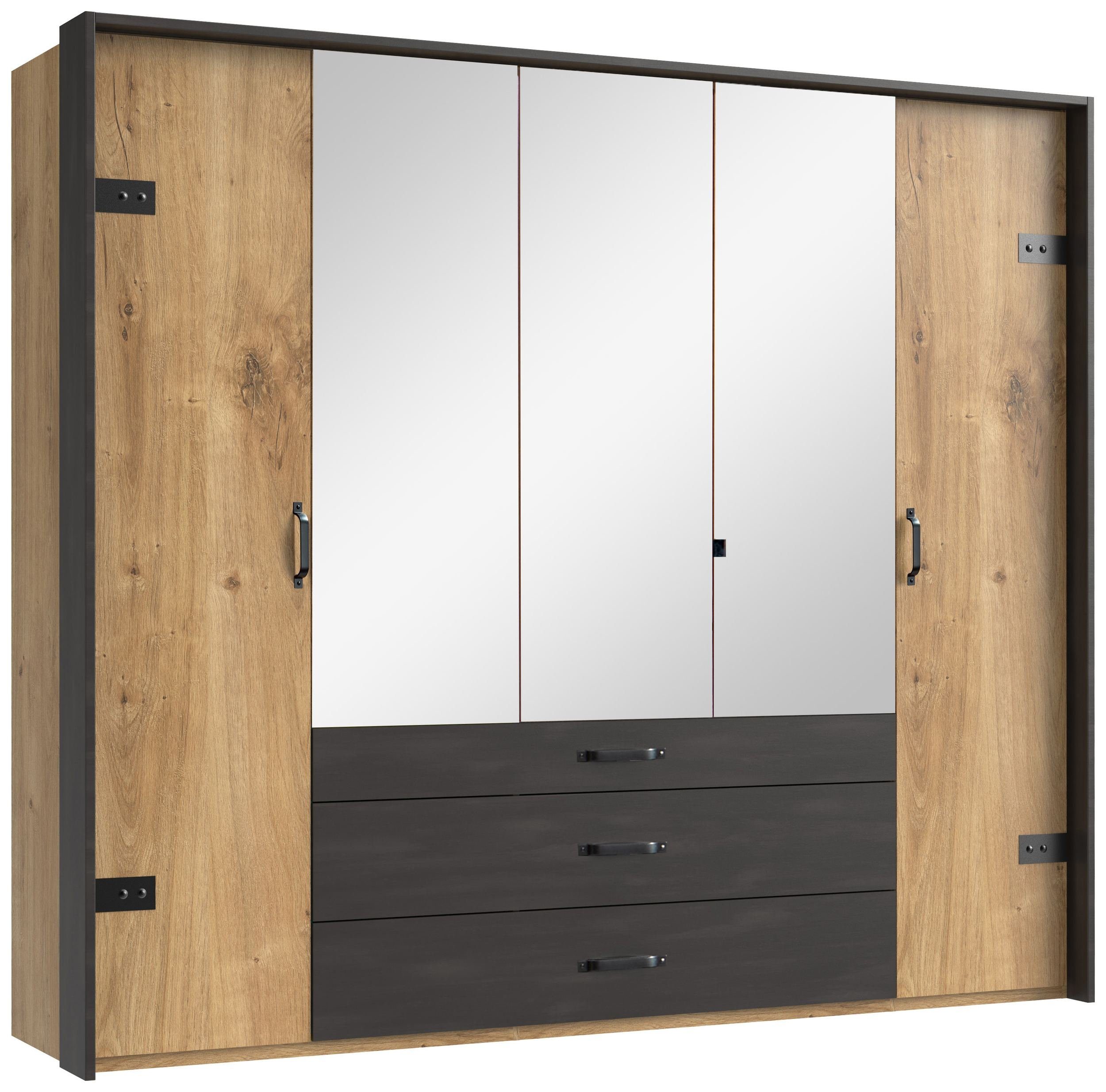 Plankeneiche Schubladen, mit Holzwerkstoff, aus viel Stauraum, Drehtürenschrank (Kleiderschrank, Modern 3-türig, Mehrzweckschrank) Stylefy Metall Spiegel, Sydney Design, mit