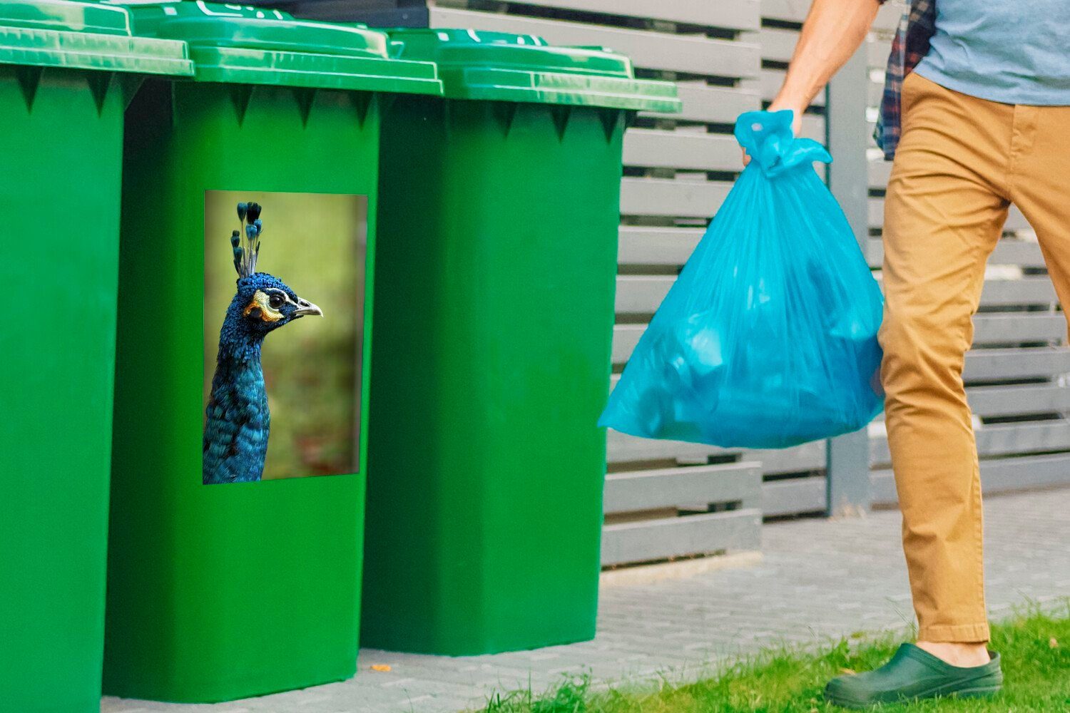 - - Porträt Blau MuchoWow Container, (1 Pfau St), Mülleimer-aufkleber, Mülltonne, Sticker, Abfalbehälter Wandsticker