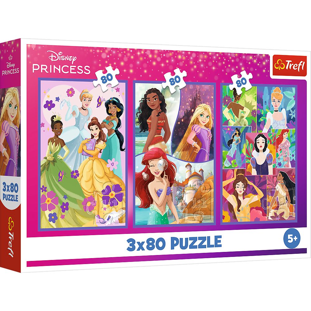 Trefl Puzzle Kinderpuzzle Legespiel Prinzessinnenmotiv, 240 Puzzleteile, 3 Puzzles à 80 Teile, Bildgröße 27,5 x 18 cm