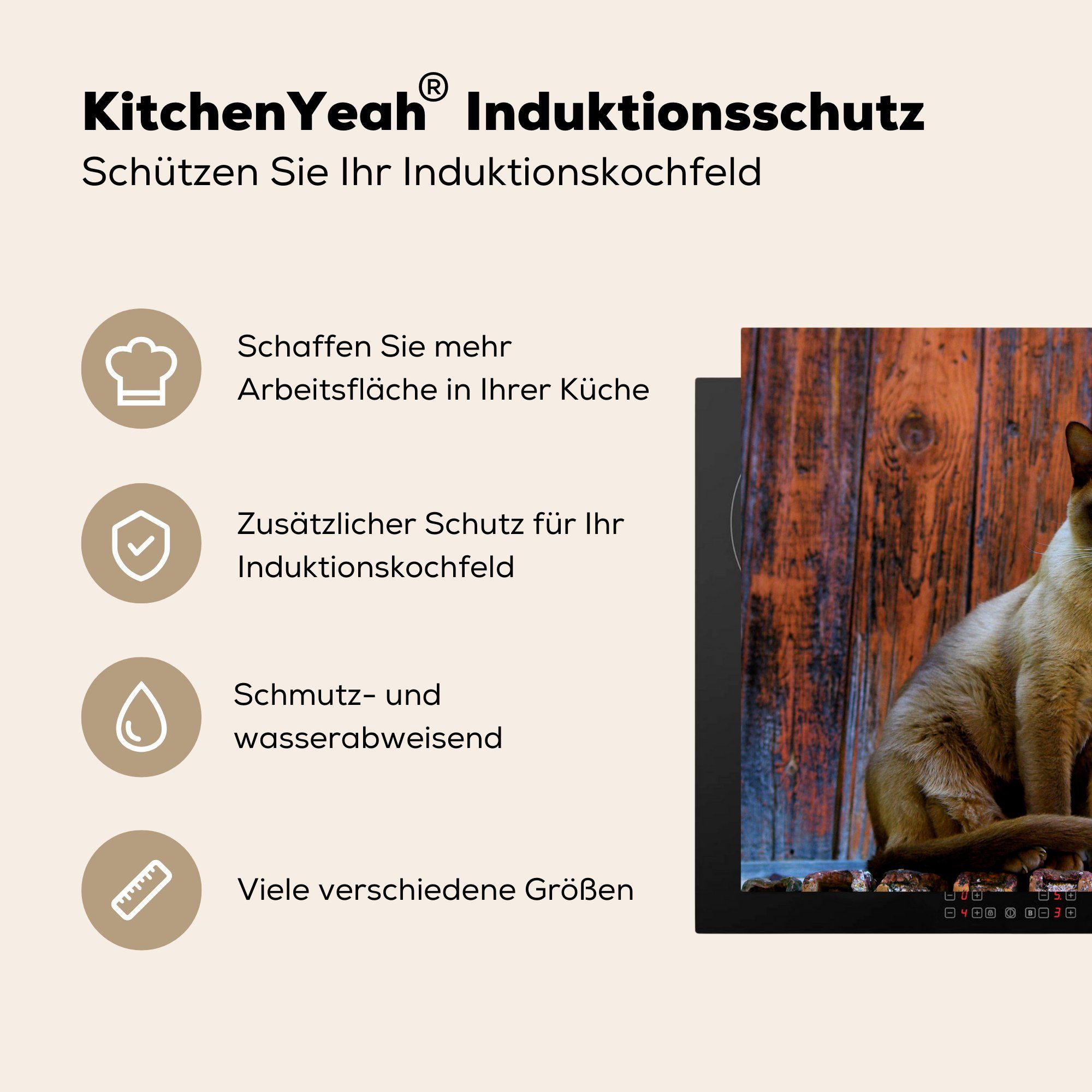 MuchoWow Herdblende-/Abdeckplatte Siamesische Katze einem hölzernen grünen Ceranfeldabdeckung, (1 Arbeitsplatte für auf Augen tlg), cm, 78x78 Hintergrund, küche mit Vinyl
