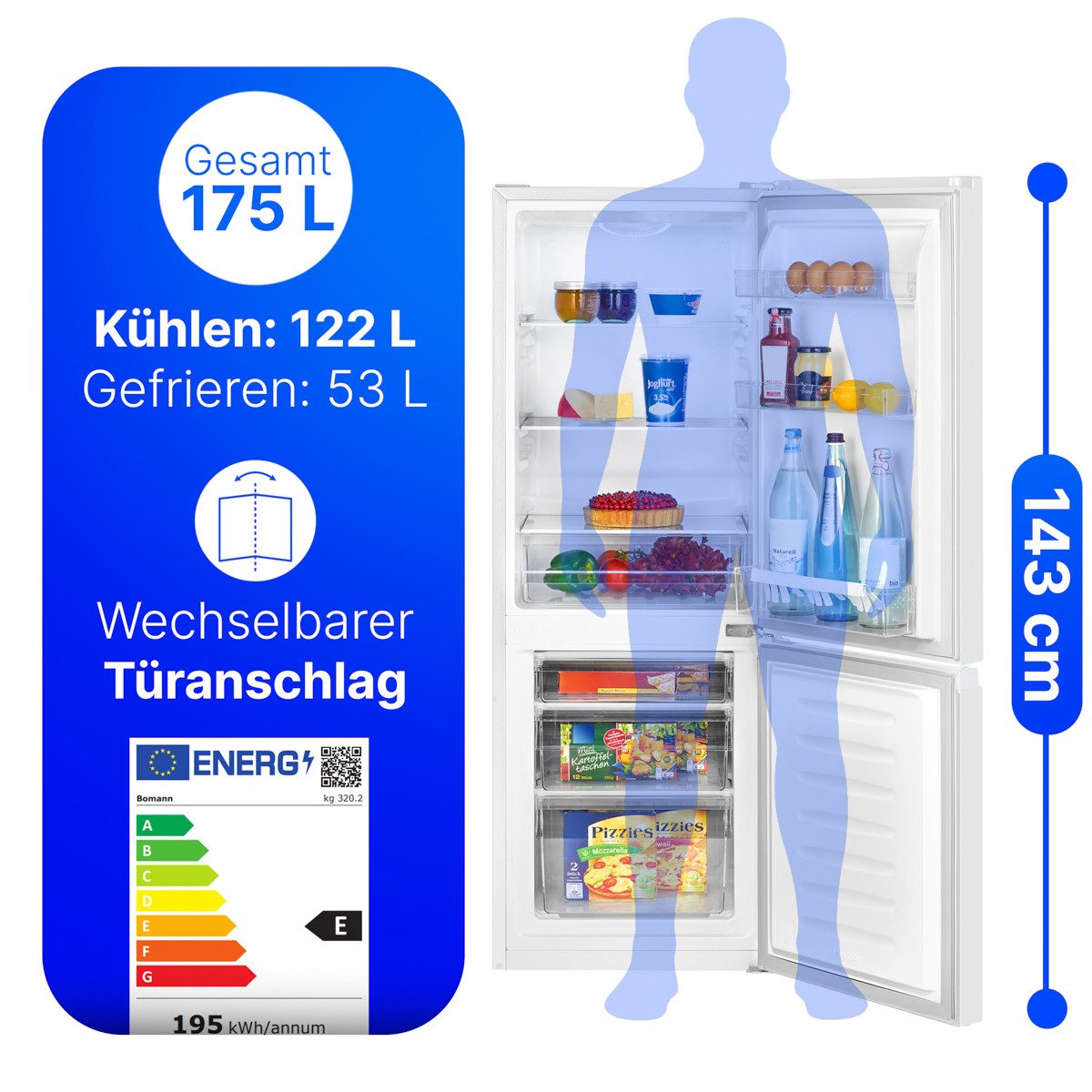 BOMANN Kühl-/Gefrierkombination KG 320.2, 143 cm hoch, 49.5 cm breit, 143cm Kühl-/Gefrierkombination, Energieklasse E
