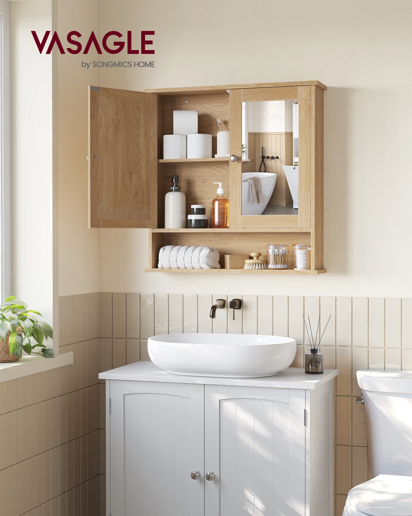 VASAGLE Spiegelschrank Badschrank Wandschrank Hängeschrank Breite 56.5-65cm günstig online kaufen