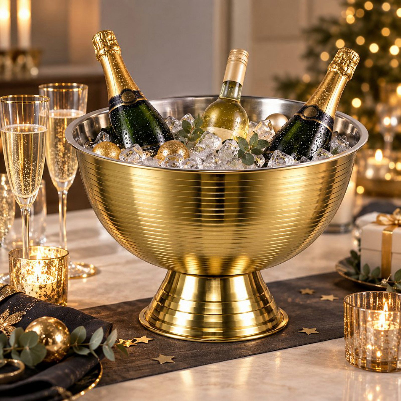 Koopman Wein- und Sektkühler Sektschale Weinschale Eiskühler Ø39cm, Goldfarbend, mit Sockel, Rund, für bis zu 3 Flaschen