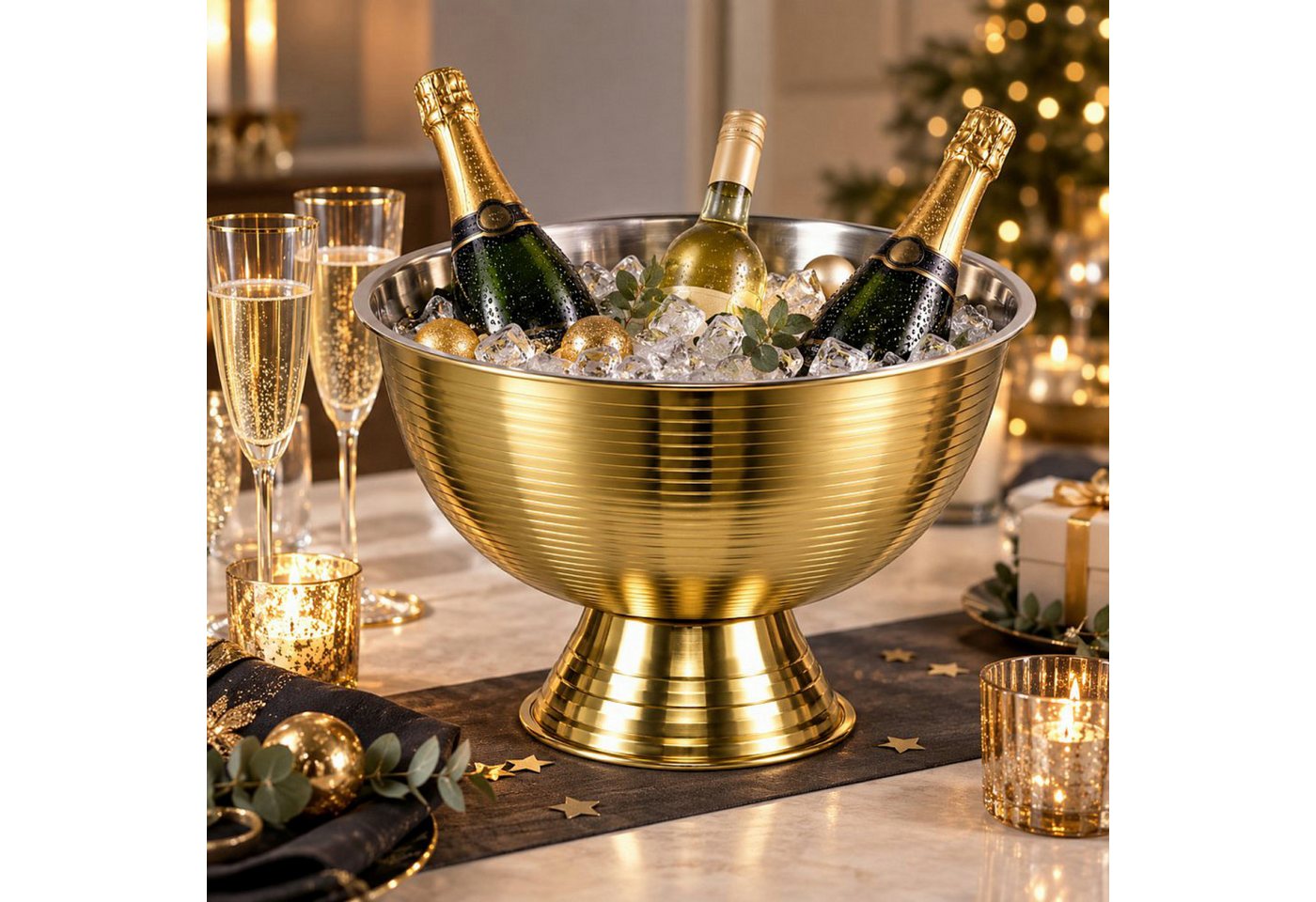 Koopman Wein- und Sektkühler Sektschale Weinschale Eiskühler Ø39cm, Goldfarbend, mit Sockel, Rund, für bis zu 3 Flaschen