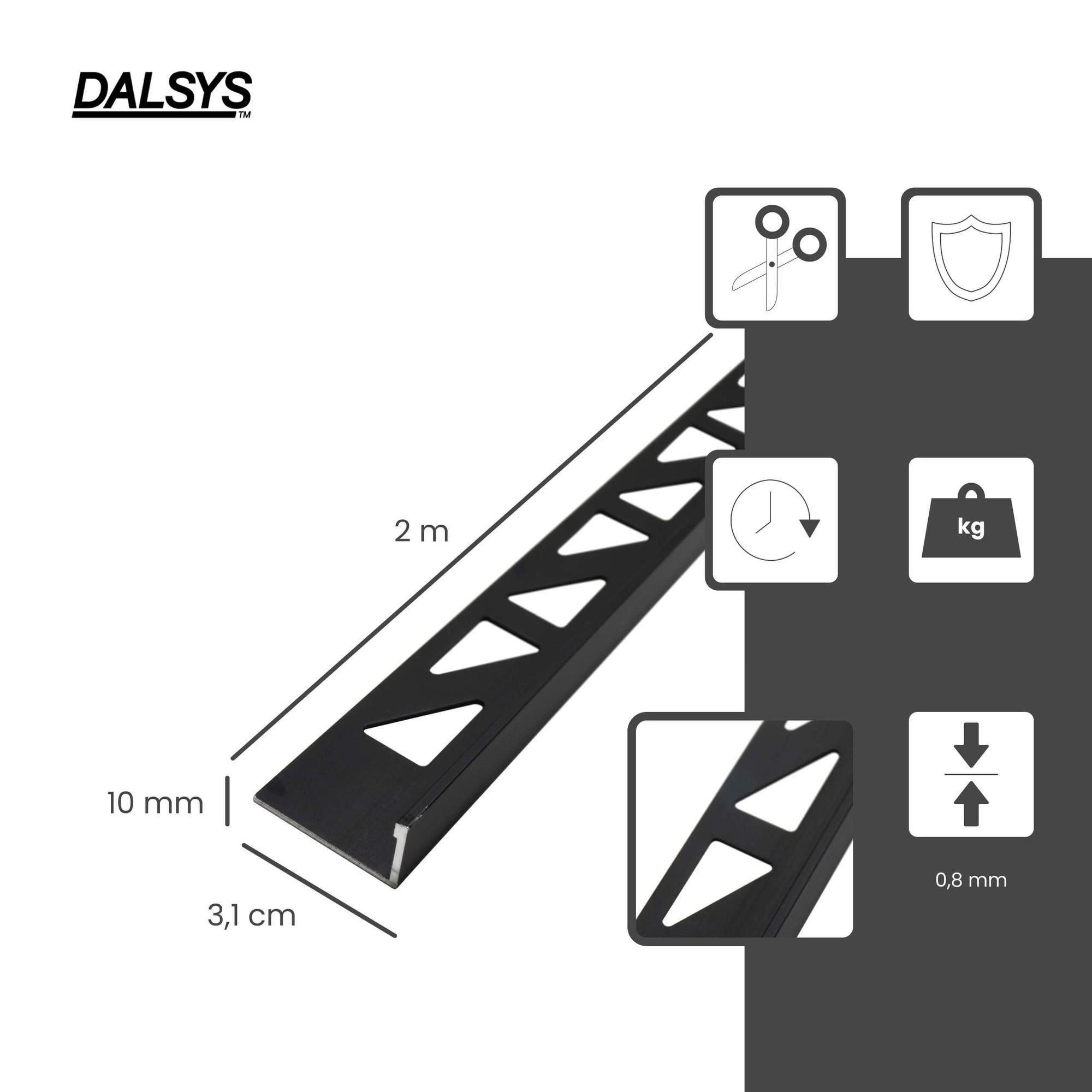 Dalsys Profil Fliesenschiene Winkelprofil Aluminium (eloxiert) Schwarz 2m x 10mm), Fliesenprofil