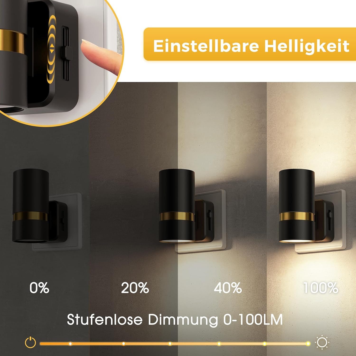 LOHAS-LED Nachtlicht 2er-Set rundes Metall LED Stecknachtlicht mit Dämmerungssensor, LED fest integriert, Warmweiß, Zylinder-Design mit Goldleiste, blendfreies  – Bild 5 von 5
