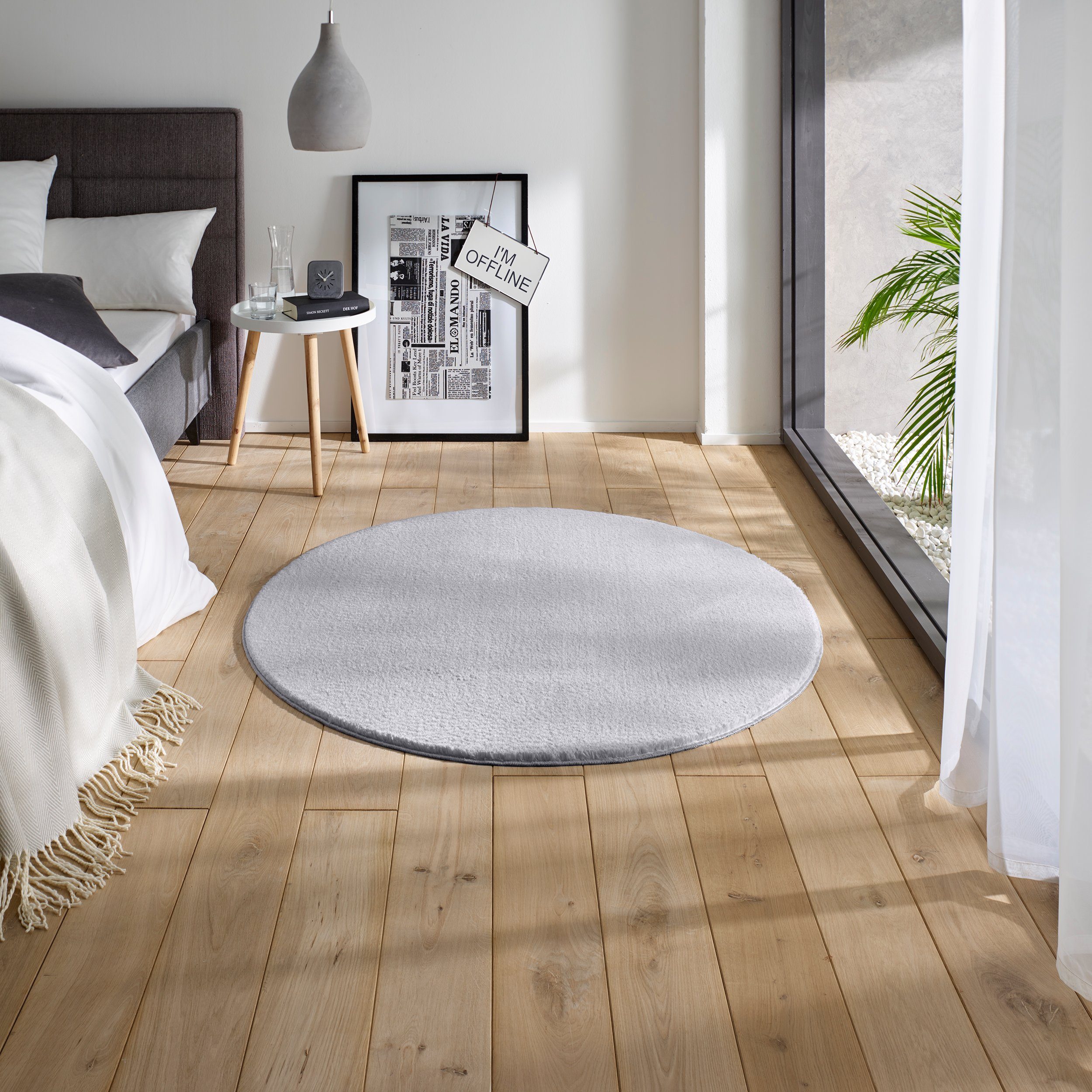 TaCa Home Teppich Waschbarer Kurzflor-Teppich, rund, Höhe: 19 mm, Wohnzimmer Schlafzimmer Küche Bad Flur, Grau - 80 cm rund