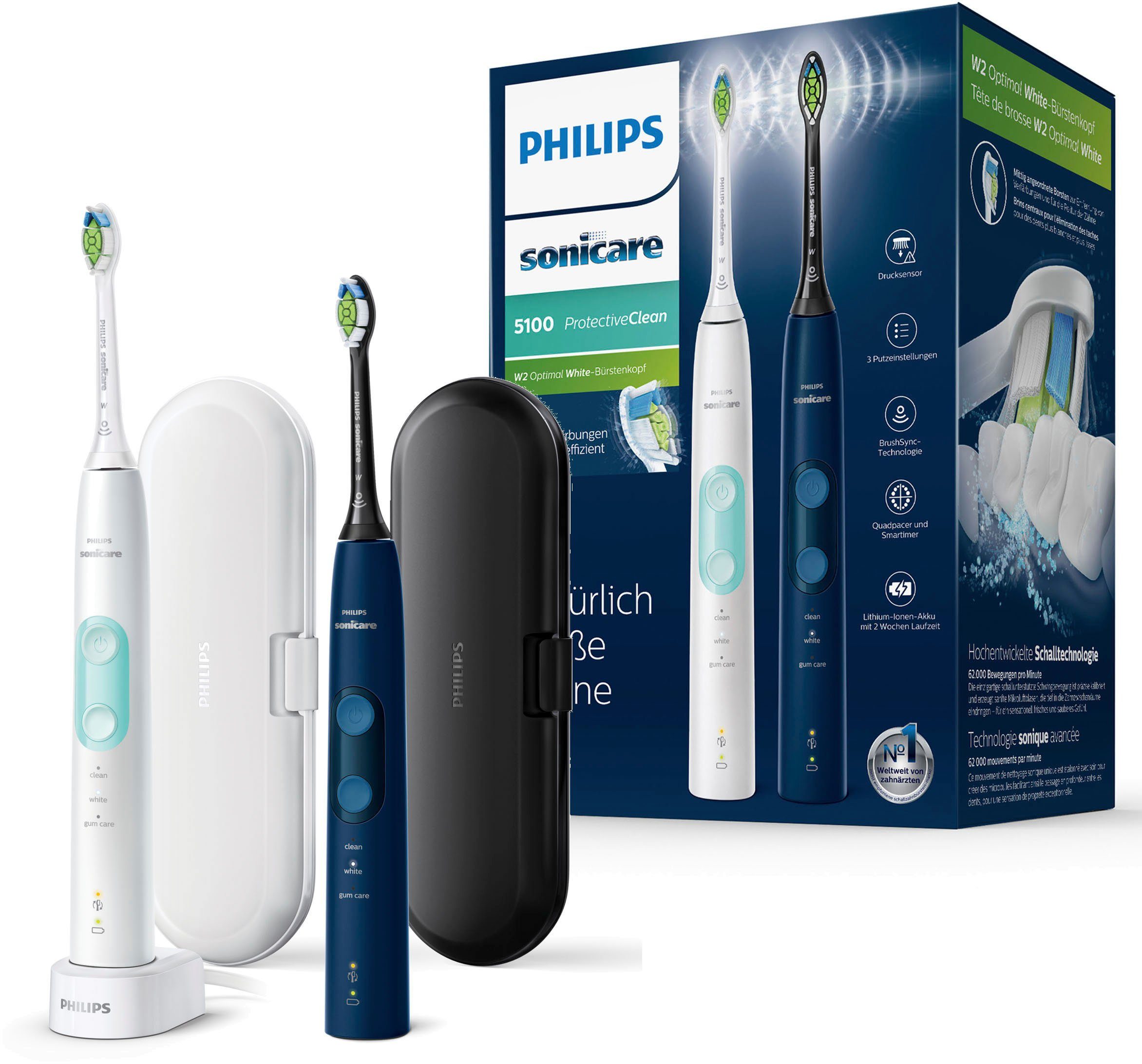 Philips Sonicare Elektrische Zahnbürste ProtectiveClean 5100 HX6851/34, Aufsteckbürsten: 2 St., 2er-Set, mit Schalltechnologie, 3 Putzprogramme, Reiseetui