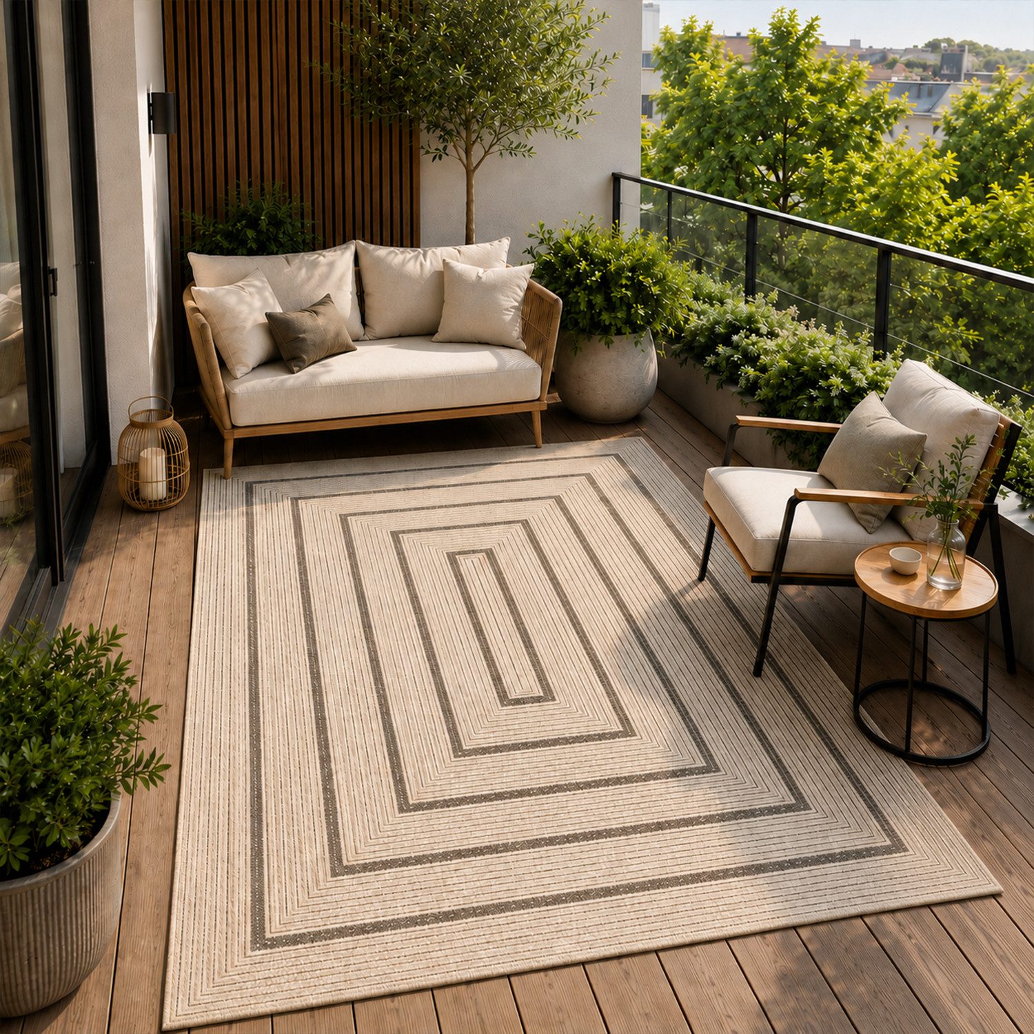 Vimoda Outdoorteppich Ventura, wetterfest robust kurzflor teppich Balkon Terrasse Küche, Rechteckig, Höhe: 5 mm, In- & Outdoor geometrisches Design Teppich waschbar in Grün Beige Grau