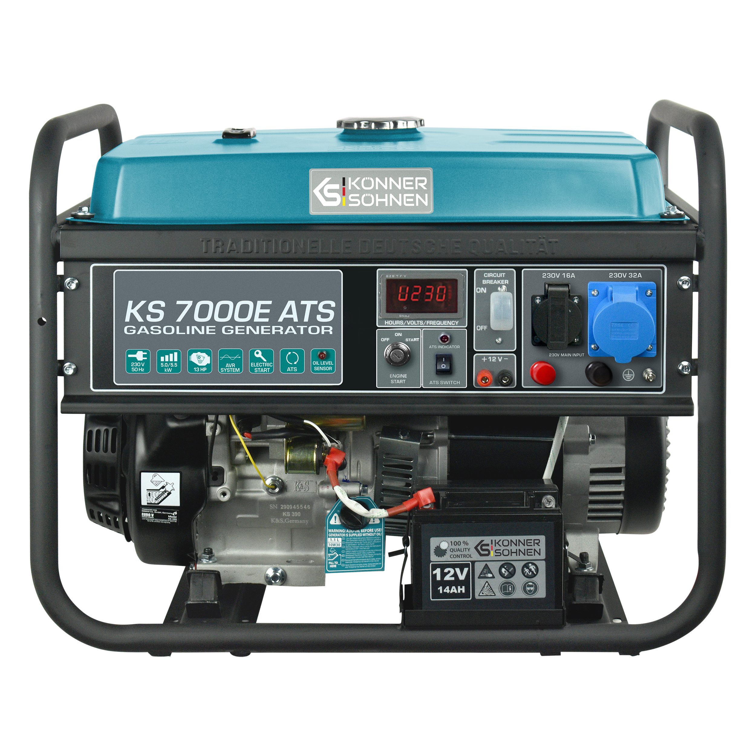 Könner & Söhnen Stromerzeuger KS 7000E ATS, 5,50 in kW, (4-Takt Benzinmotor, Synchronalternator, 1-tlg., Hand-/Elektrostart, Notstromautomatik), CEE 230V/32A und Schuko 230V/16A Steckdosen