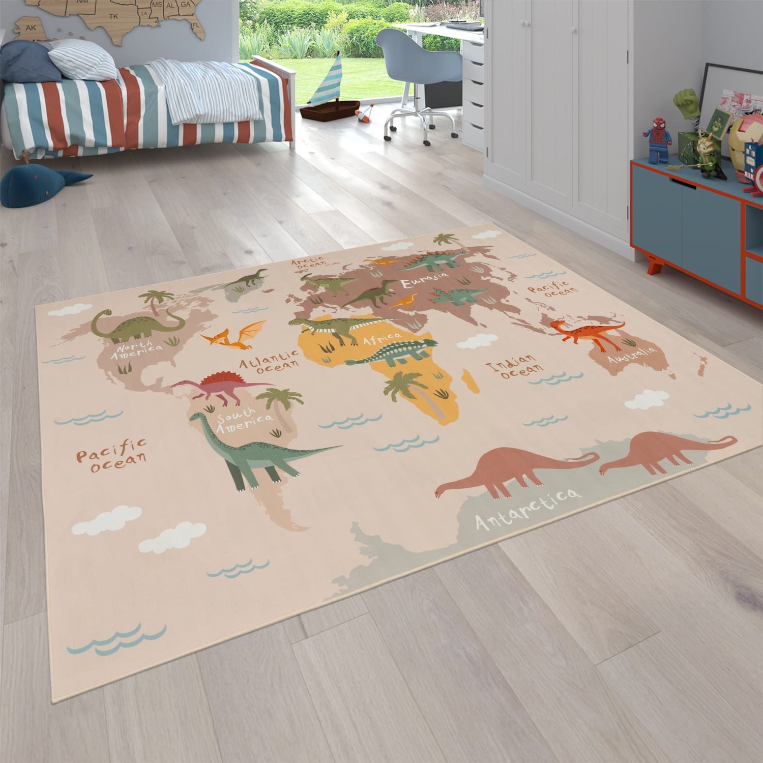 KADIMA DESIGN Kinderteppich waschmaschinenwaschbar Dinosaurier‑Weltkarten‑Muster Kinderteppich, Rechteckig, Höhe: 4 mm, 100% Polyester, Rücken aus Felt + Dots, Rechteckig, 80x150cm, Beige