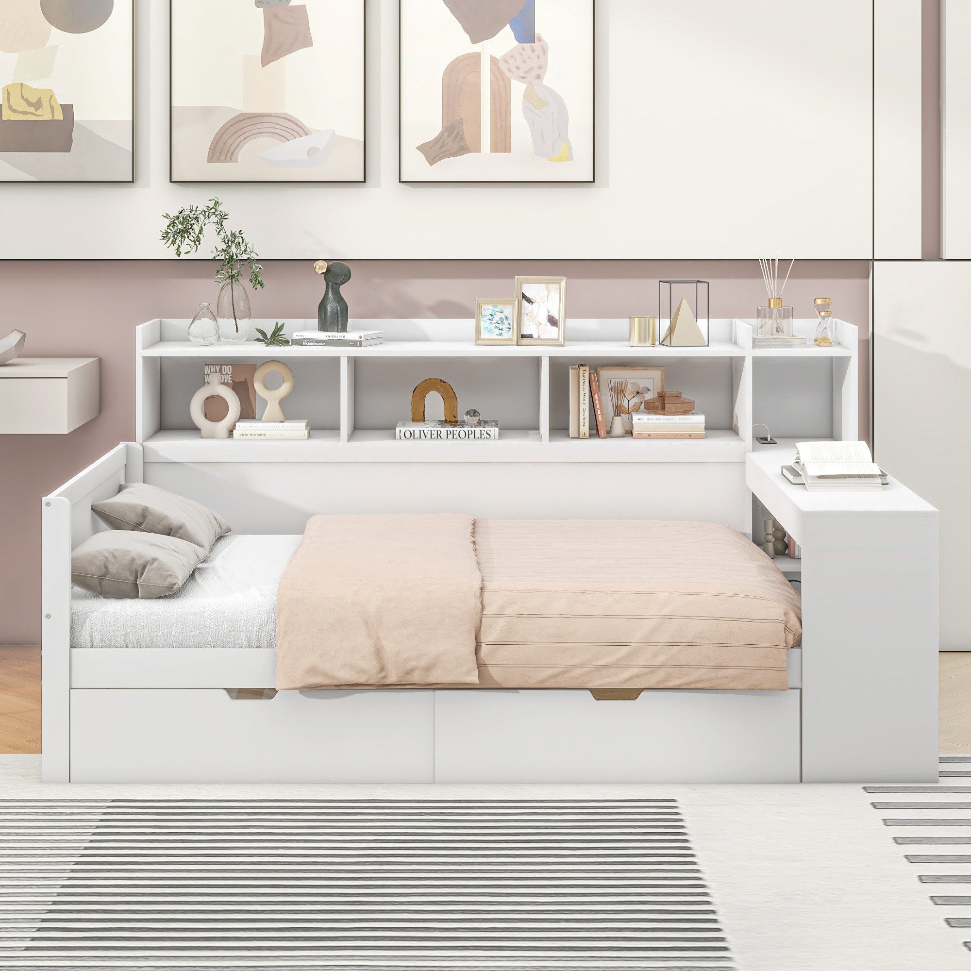 Flieks Kinderbett, Daybett 90x200cm mit Aufladenfunktion, 2 Schubladen und Schreibtisch