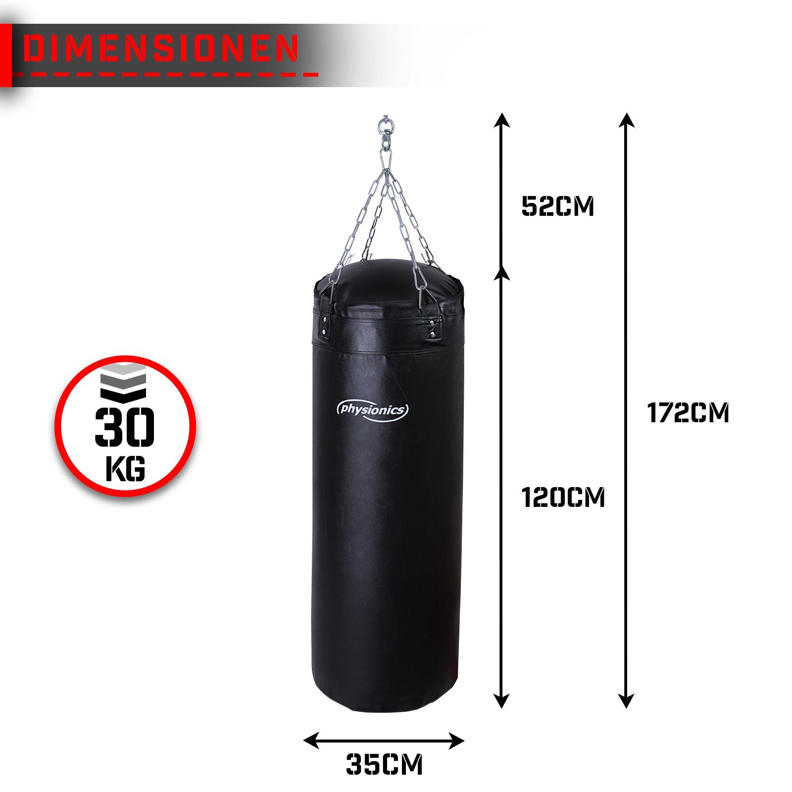 30kg Boxsack Erwachsene Physionics Halterung Gefüllt Bag 120cm Punching Sandsack