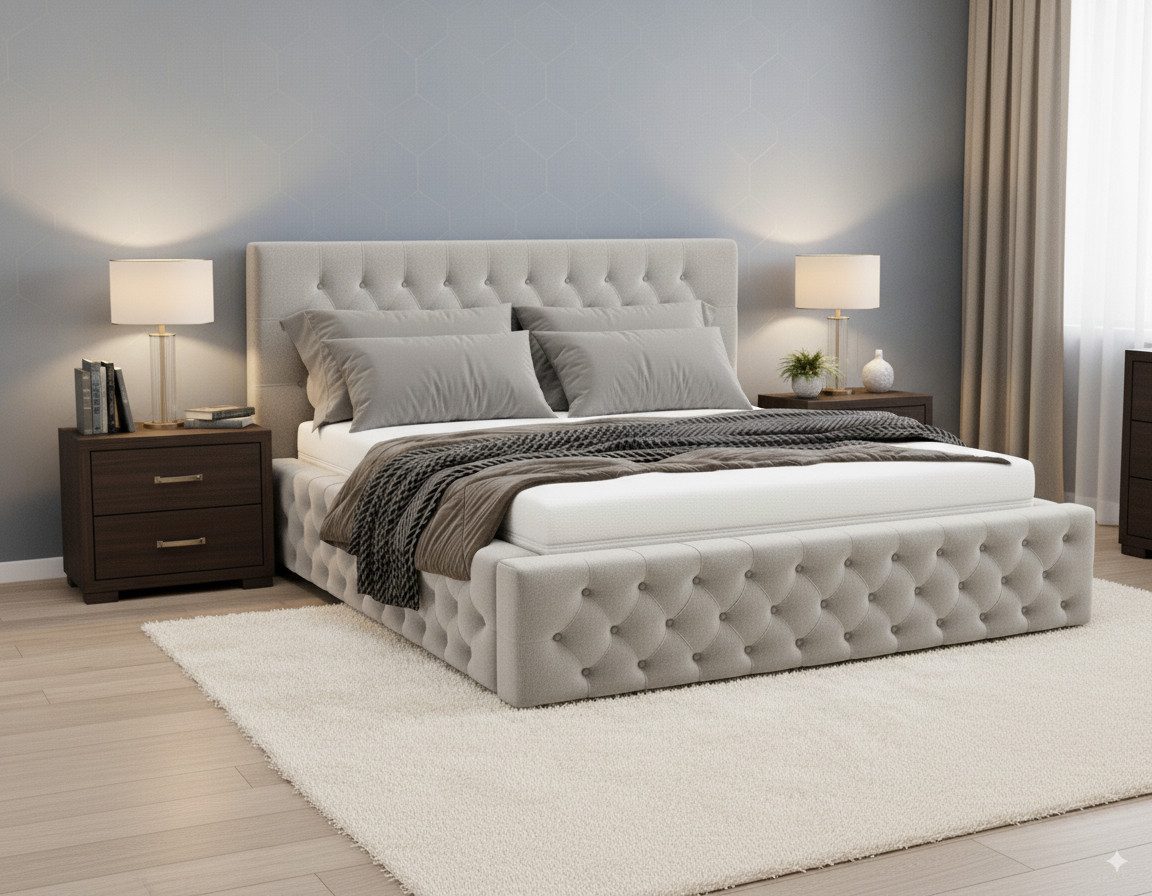 Goldstoff Polsterbett Chester mit gesteppter Rückenlehne – Samt, elegant, modern (Bett mit großen gepolstertem Kopfteil, mit Bettkasten zum aufklappen, Polsterbett), mit gepolstertem Kopfteil, Doppelbett- verfügbar 140x200 160x200 180x200 200x200cm), Verfügbar in 4 Größen - Chesterfield Stil – Modern & Elegant