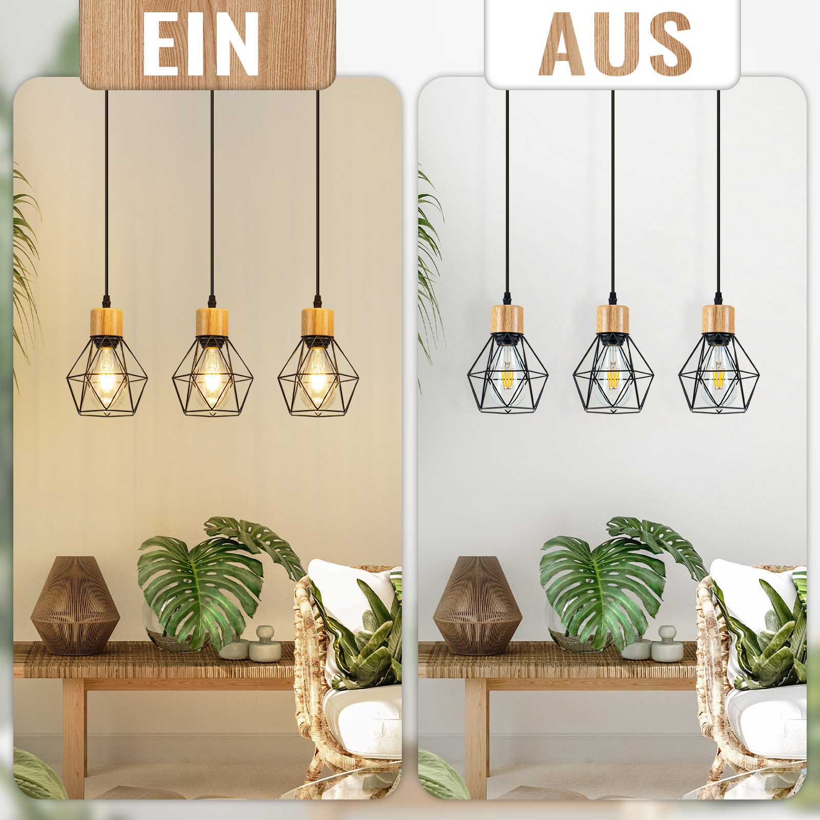 Nettlife Pendelleuchte Vintage Schwarz 3flammig Industrielle Eleganz aus Metall Holz E27, ohne Leuchtmittel, für Wohnzimmer Esszimmer Küche Schlafzimmer in Rest – Bild 5 von 5