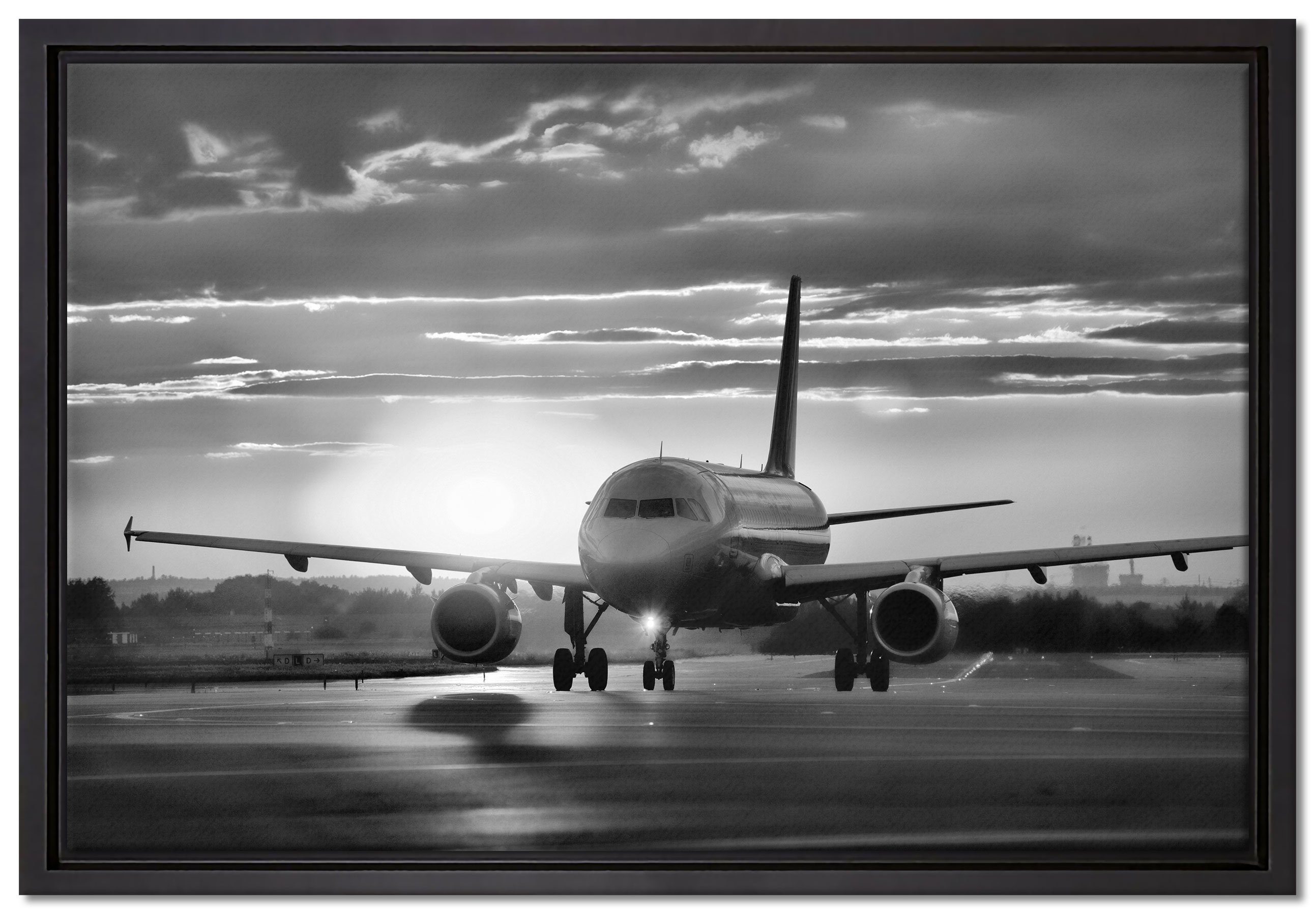 Pixxprint Leinwandbild Landendes Flugzeug, Wanddekoration (1 St), Leinwandbild fertig bespannt, in einem Schattenfugen-Bilderrahmen gefasst, inkl. Zackenaufhänger