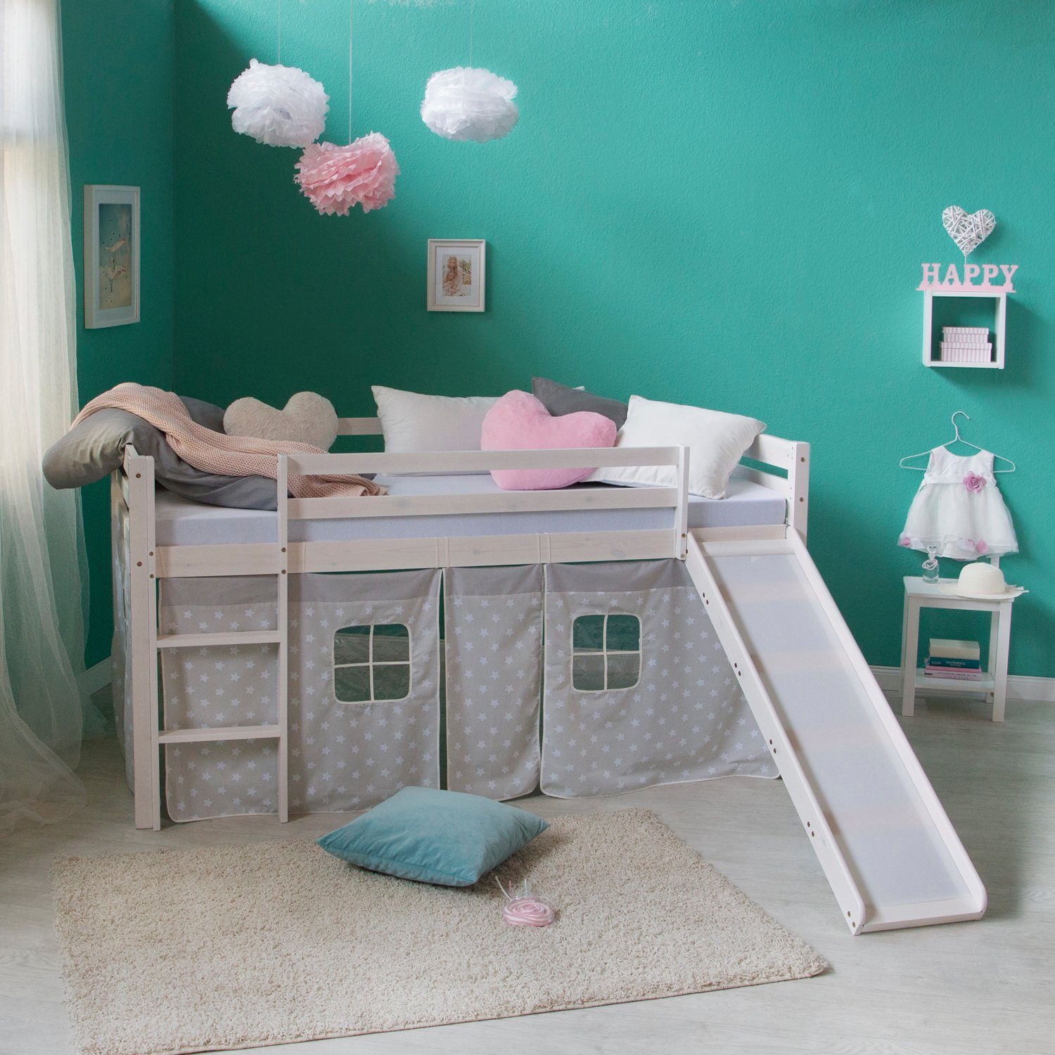 Homestyle4u Hochbett 90x200 Weiß mit Vorhang günstig online kaufen
