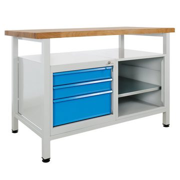 PROREGAL® Werkbank Werkbank Rhino mit Ablagefläche + 3 Schubladen + Regalteil, Grau/Blau