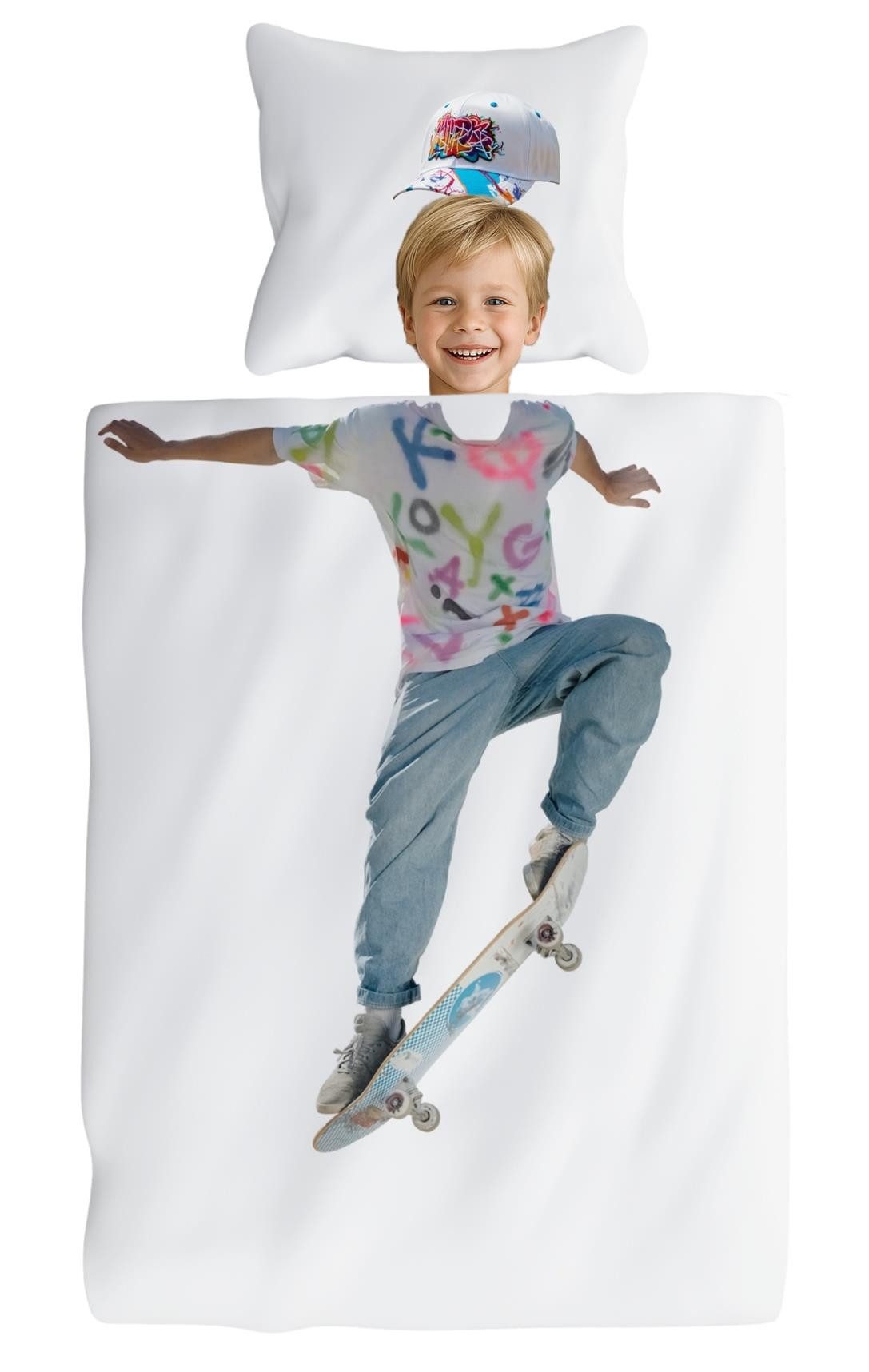 Carpe Sonno Kinderbettwäsche 135x200 Jungen Baumwolle Skater Bettwäsche Kinder Jugendliche + BUCH, Renforcé, 2 teilig, Dein Gesicht vervollständigt das Muster - Skater