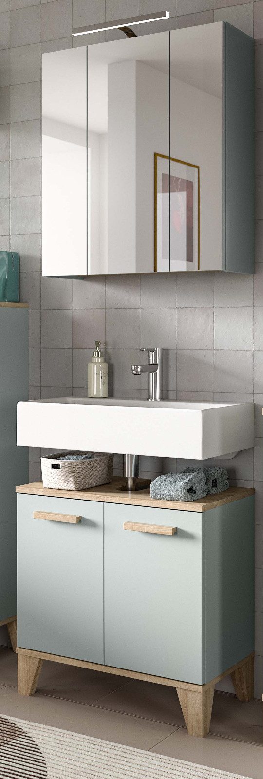 Inn.Furn Badmöbel-Set Luna, (Badezimmer in hellem Grün mit Eiche, Spiegelschrank und Waschbeckenunterschrank, 60 x 190 cm), viel Stauraum bei wenig Breite