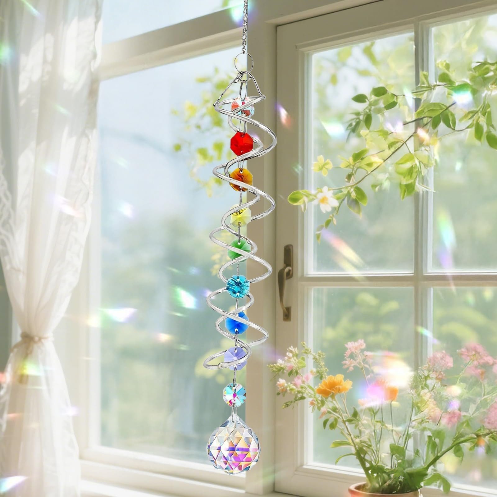 FOUORTUNATE-BEE Windspiel Kristall Sonnenfänger 42 cm Regenbogenmacher Windspiel Deko, Für Garten Balkon Terrasse Fenster Hängedeko mit Drehfunktion