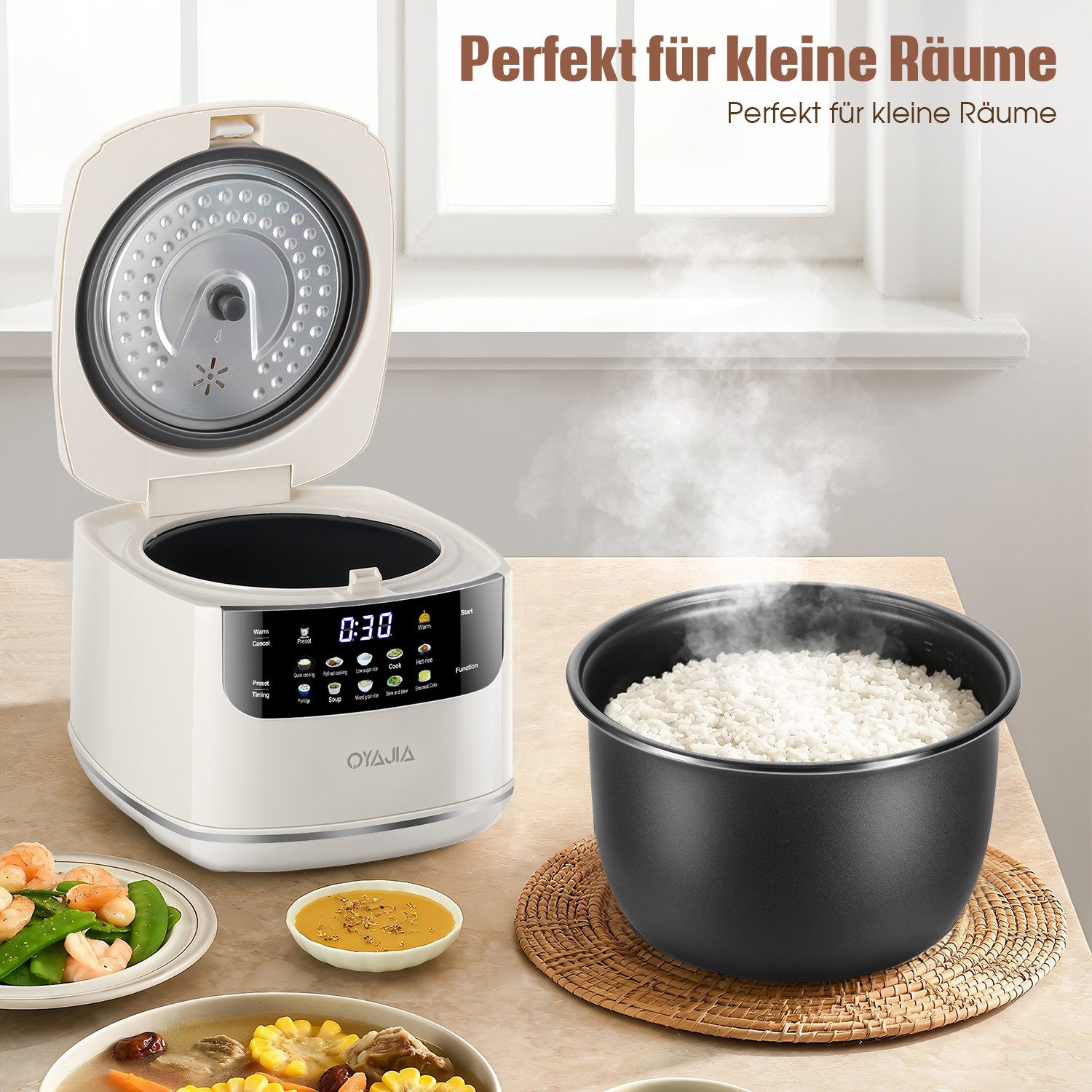 oyajia Reiskocher Reiskocher 2L, Rice Cooker mit Low Carb Funktion and Dampfgarer, 400 W, 10 in 1 Reiskocher mit 24h Timer & 8h Warmhaltefunktion