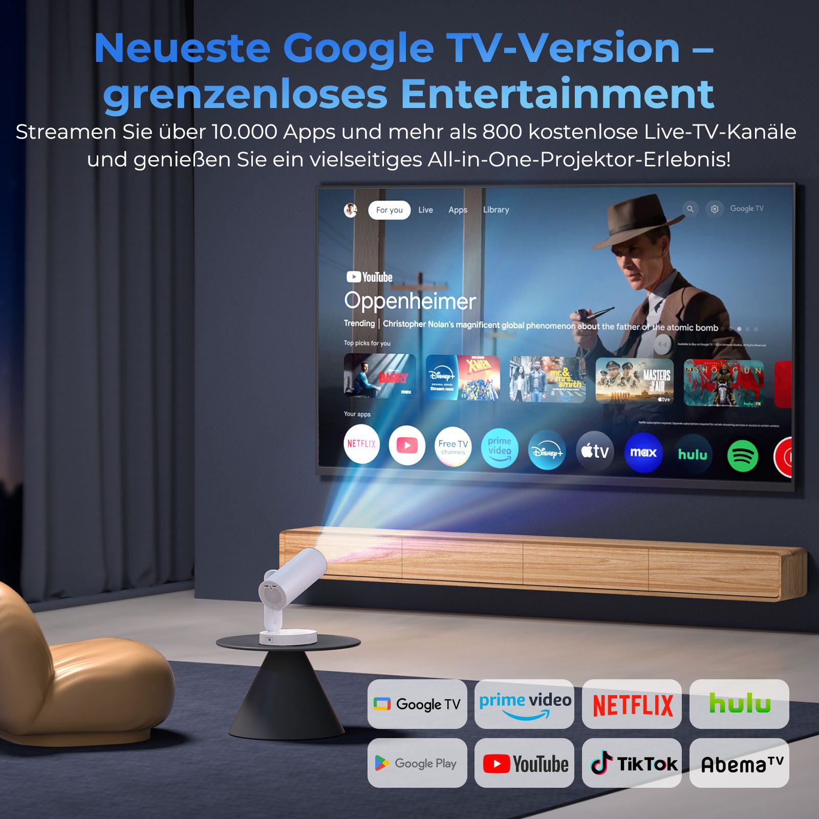 ETOE Starfish plus Google TV 1080P Projektor mit Nachttischlampe LCD-Beamer (3000:1, 1920×1080 px, 140°-Drehung, automatische Trapezkorrektur, integriertes Chromecast)