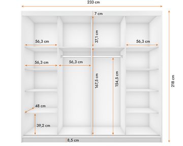 MOEBLO Kleiderschrank ALFA (Schwebetürenschrank 2-türig Schrank Garderobe Schiebtüren Schlafzimmer, Dekorative Aluminiumleisten, Kleiderstange und Regale) (BxHxT):233x218x61cm