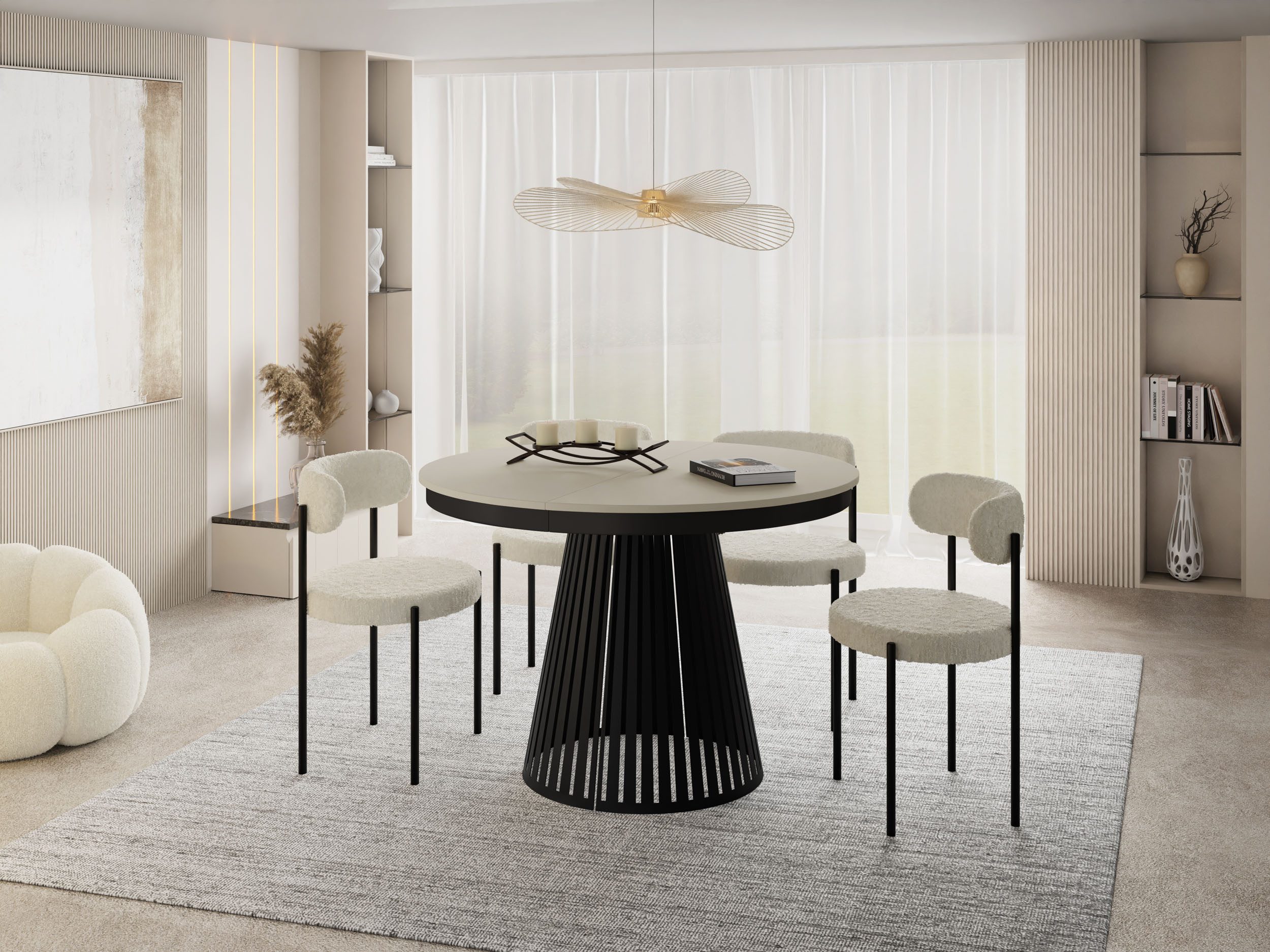WFL GROUP Esstisch Naro Black ausziehbar rund modern mit schwarzen Metallbeinen (MADE IN EU, erhältlich in 2 Größen – 100/120 cm, ausziehbar auf 180/200 cm), platzsparender Tisch mit Lamellen für Küche, Esszimmer oder Wohnzimmer