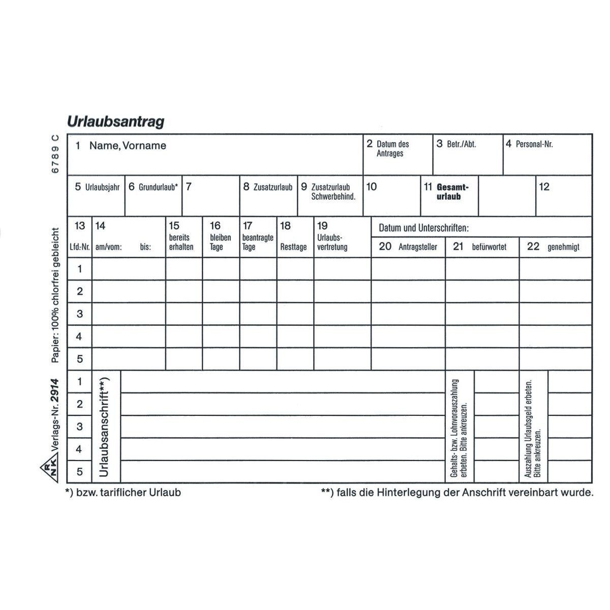 RNK Verlag Formularblock Urlaubs-Freistellungsantragsblock A6 quer 50 Blatt