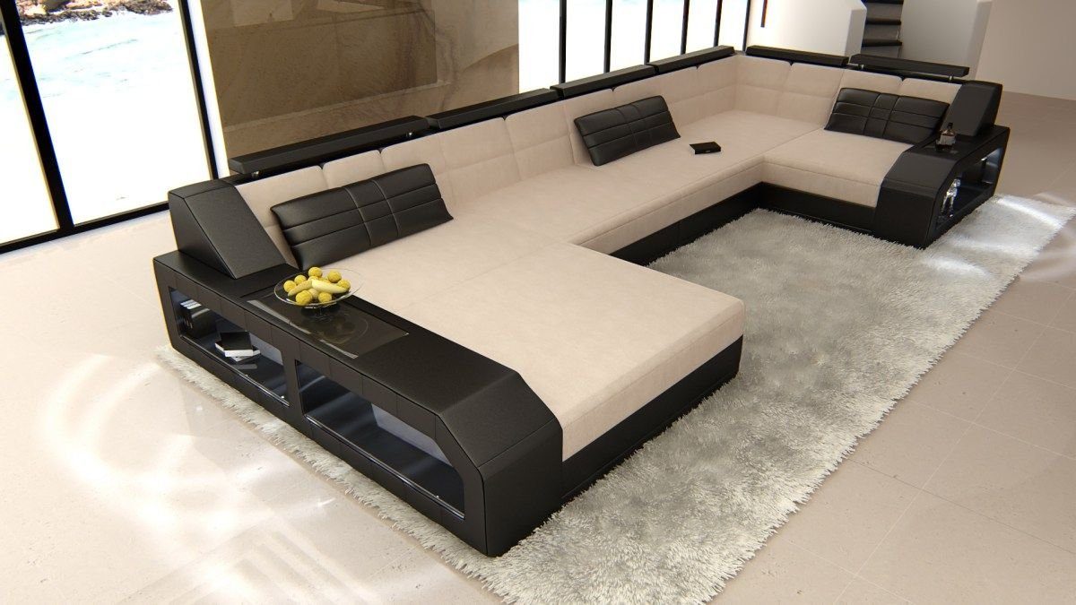 C81 Dreams Form Sofa Sofa als mit Schlafsofa, Stoffsofa, LED, Stoff U Wohnlandschaft wahlweise Couch Designersofa Arezzo Bettfunktion Beige-Schwarz Polster mit