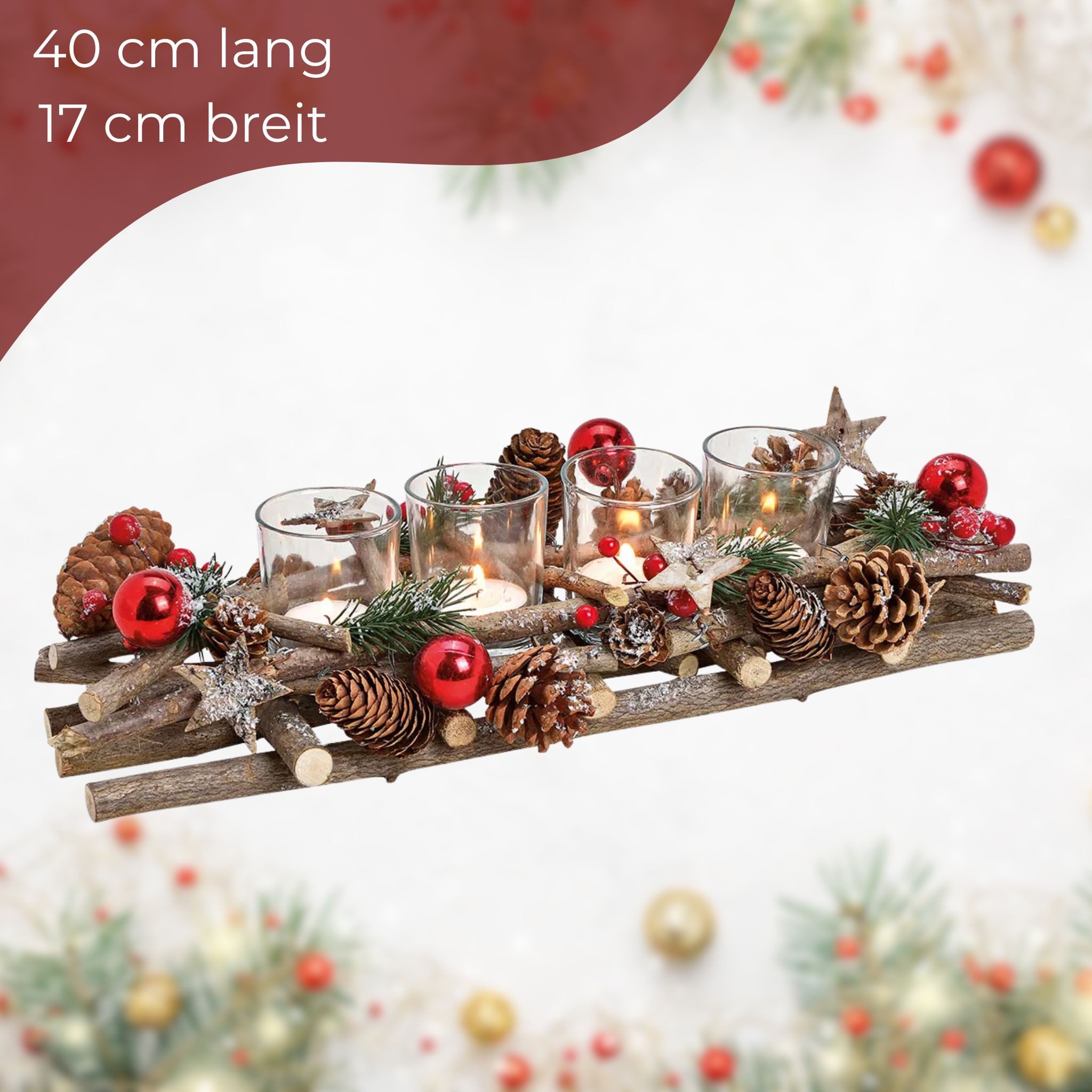 matches21 HOME & HOBBY Adventskranz Holz-Deko Adventsgesteck 40 cm Teelicht-Halter silber rot, Weihnachtsdeko Teelichthalter als längliche Tisch Kerzen-Deko – Bild 2 von 5