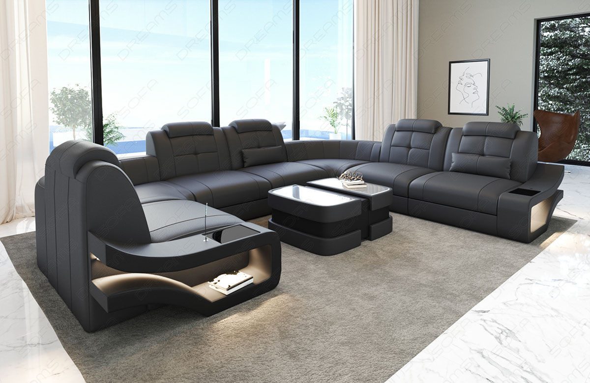 Sofa Dreams Wohnlandschaft Ledersofa Elena U Form Mini, Designersofa, Sofa mit Licht und USB