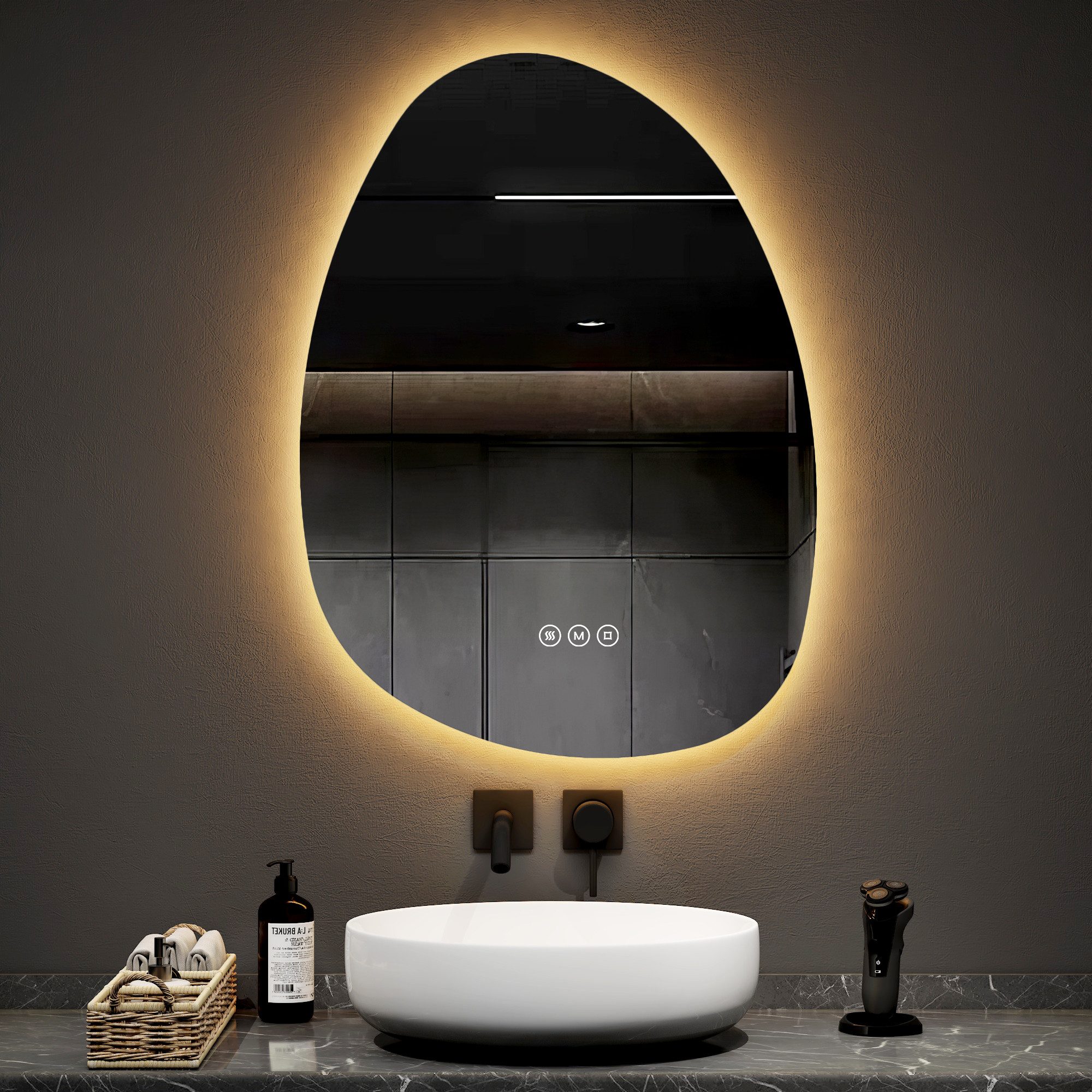 EMKE Badspiegel LED Badezimmerspiegel Asymmetrisch mit Beleuchtung und 3 Lichtfarben (Kieselsteinform), Memory-Funktion, einstellbare Helligkeit Antibeschlag IP44, 55 x 75 cm