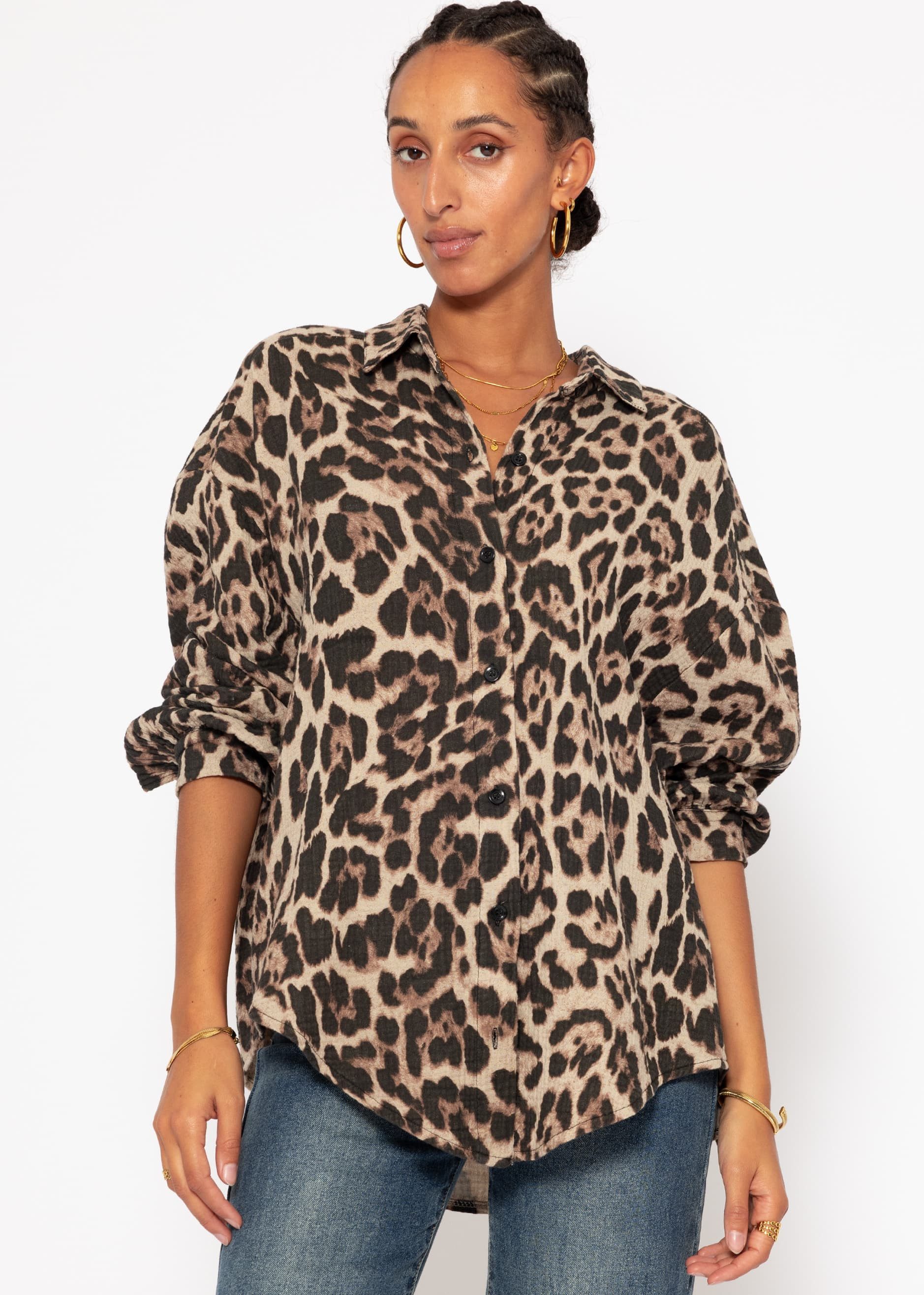 Longbluse Leo Oversize Musselin Bluse Damen Langarm Elegant