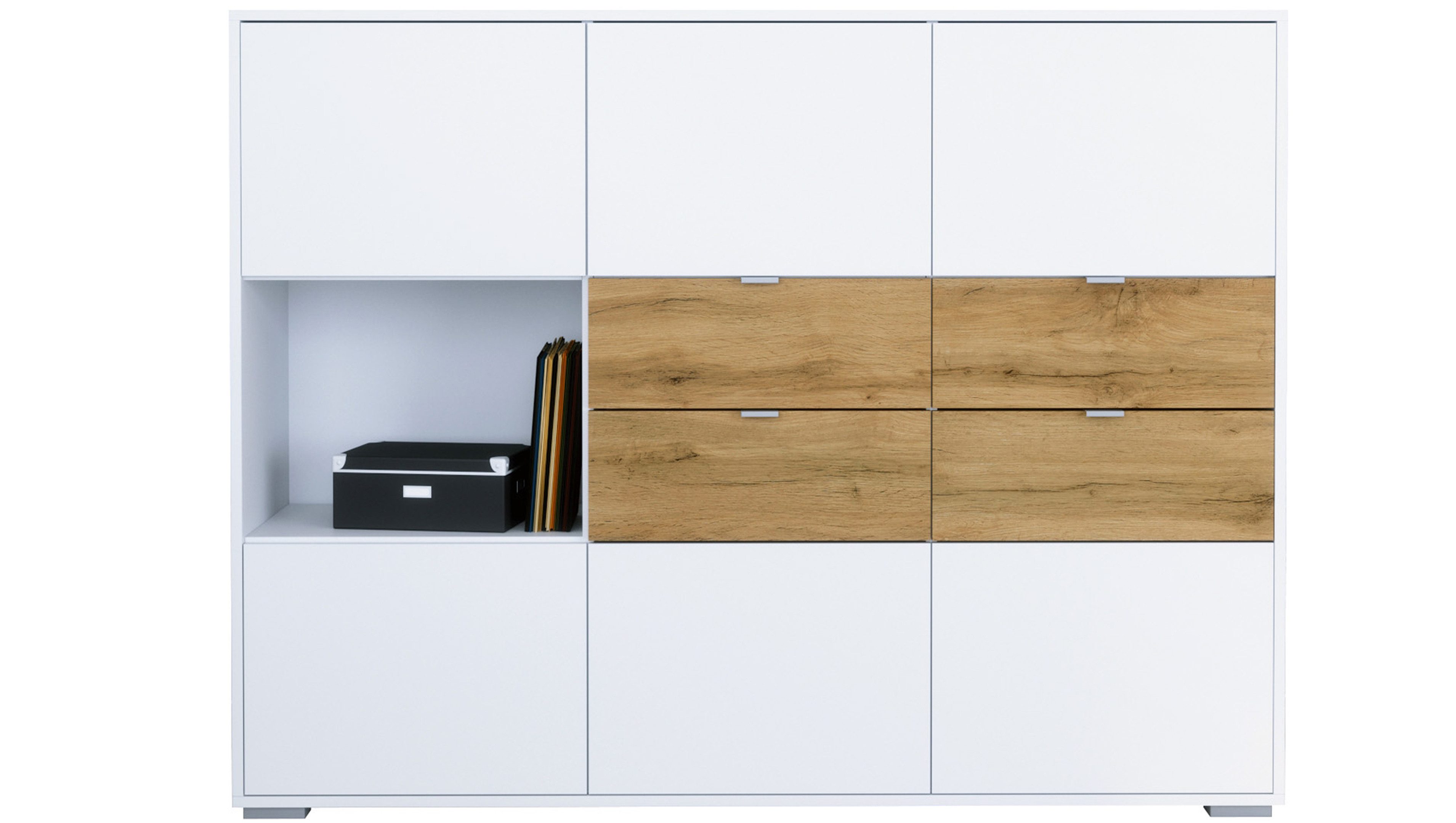 Vladon Highboard Milano (Highboard mit 6 Türen Weiß matt, 4 Schubladen Eiche Evoke, Made in Germany), Korpus Weiß matt (152,5 x 118 x 37 cm)
