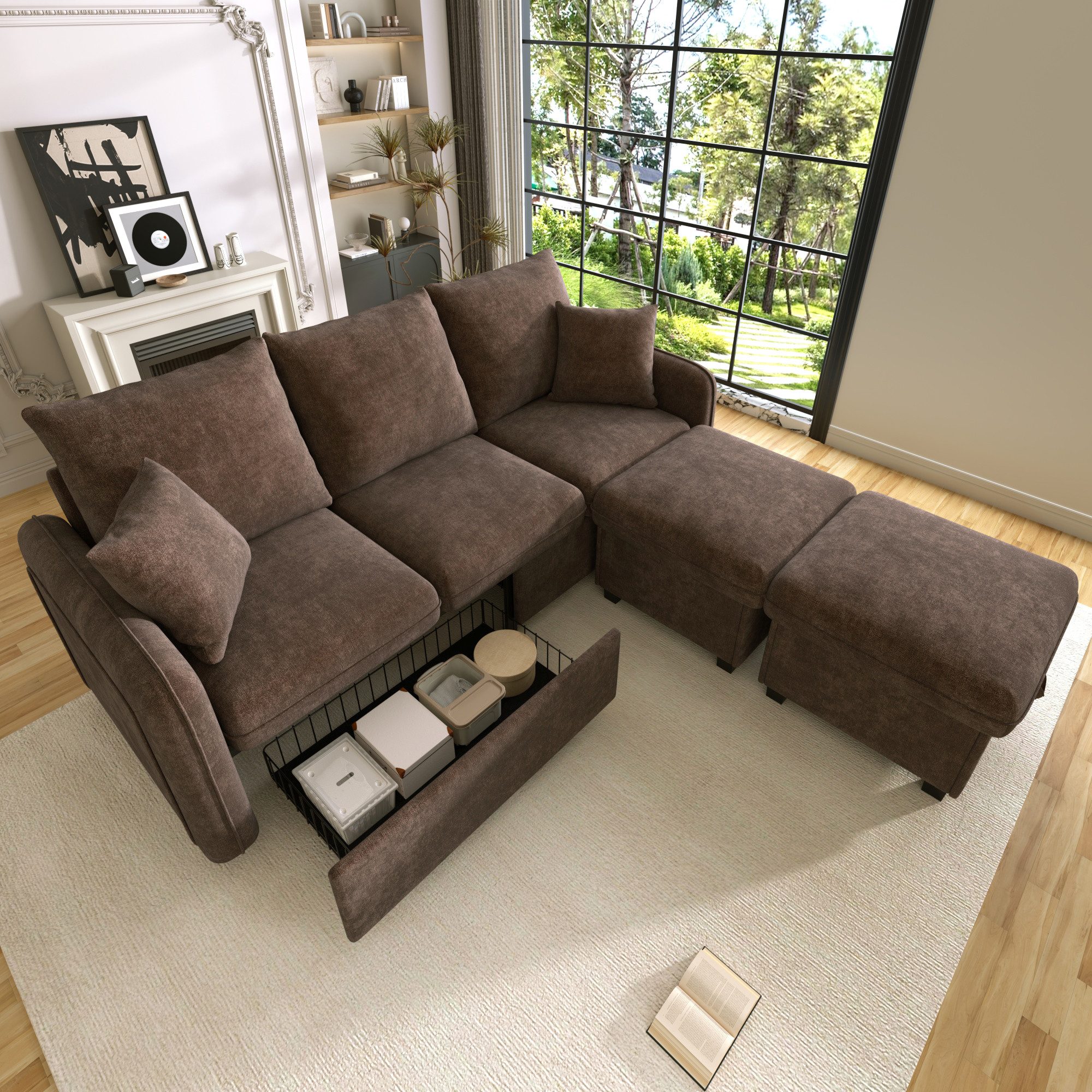 Merax Ecksofa U-förmiges Schlafsofa mit Staufunktion, Tagesbett Sofa Wohnzimmersofa aus Chenille-Bezug 1 Teile, 3-Sitzer-Ecksofa mit 2 Schubladen & 2 Hocker mit Stauraum, Polstersofa