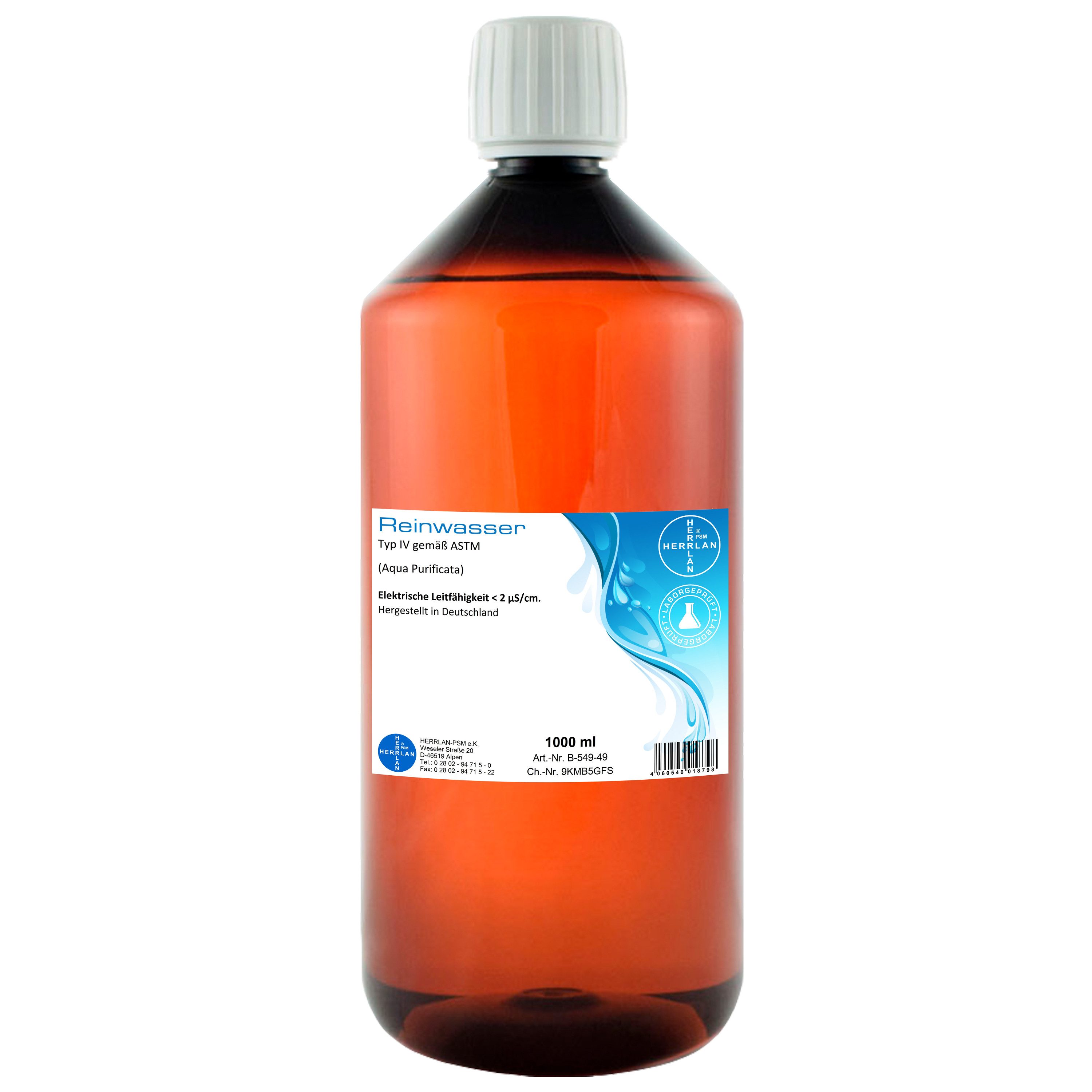 HERRLAN Destilliertes Wasser Reinwasser AQUA PURIFICATA destilliertes Wasser, 1000 ml